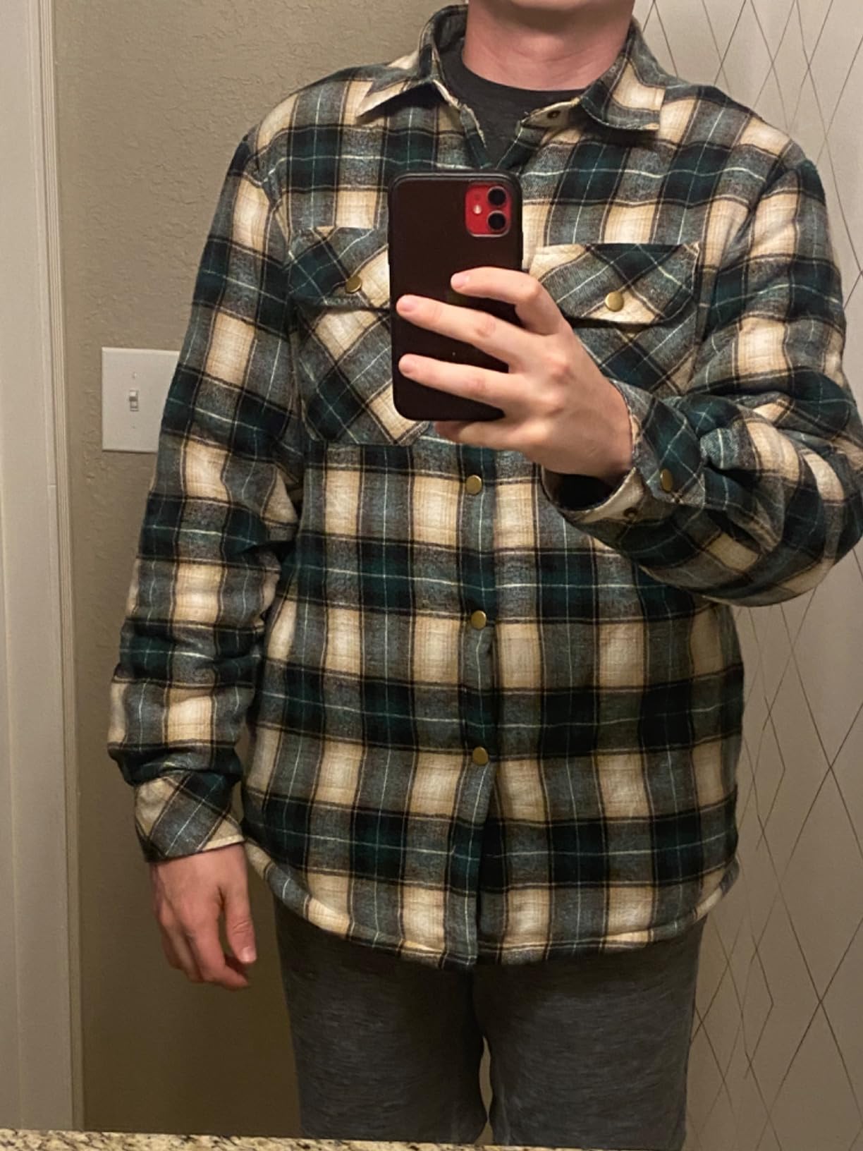 Men's Sherpa Cotton Flannel Shirt Jacket Plaid Button Coat Pocket customer photo 1