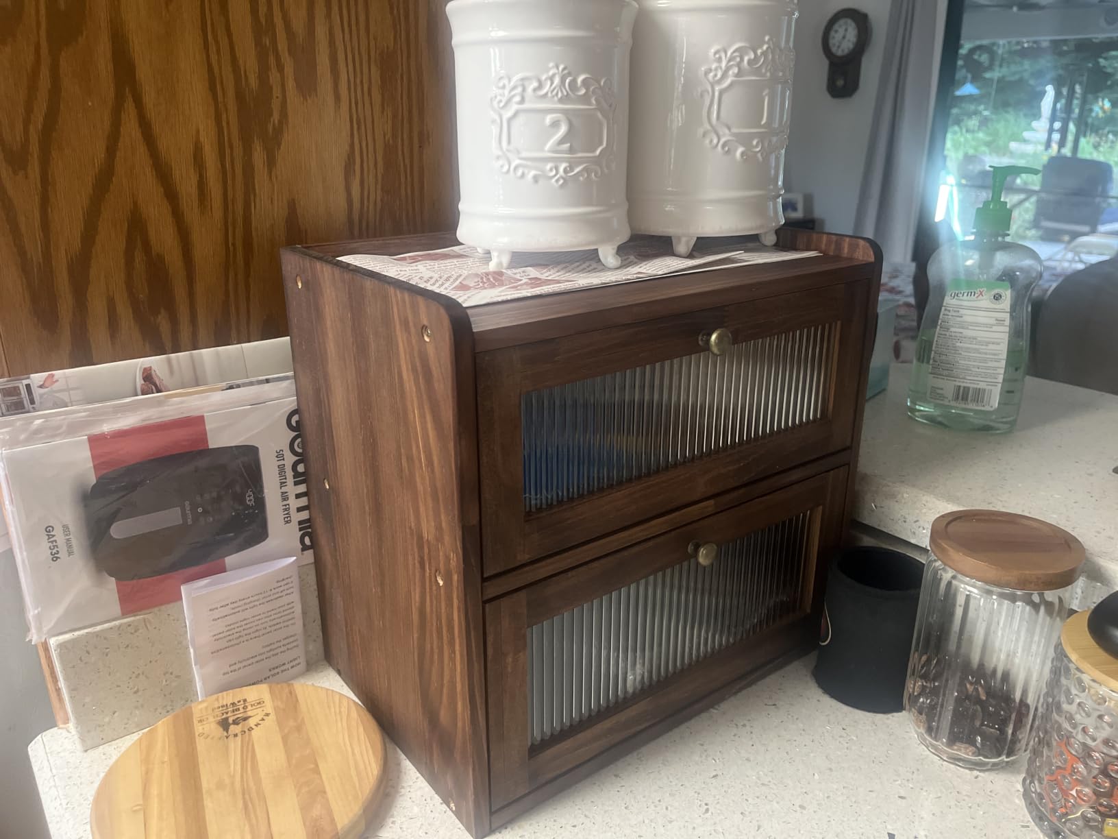 Sunhoo Bread Box for Kitchen Countertop Wooden Bread Storage Container Bin 2 Layer Breadbox Holder Large Capacity Keeper Vintage Farmhouse Food Organizer Pantry Shelf Acrylic Window (Brown) customer photo 1