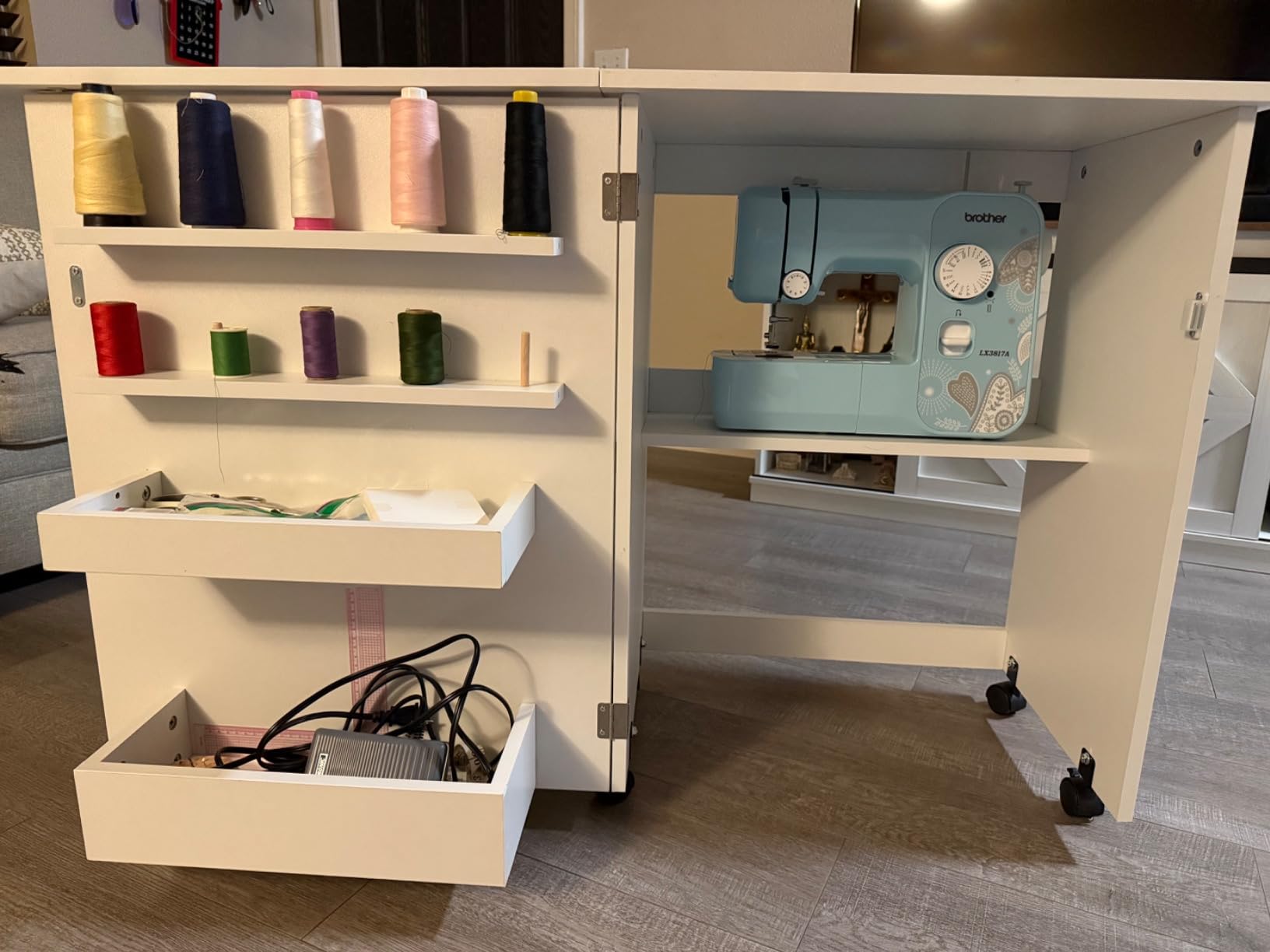 Folding Sewing Table, Multipurpose Sewing Machine Table with Compact Design, Wheels, Shelves, Bins, Pegs, Magnetic Locks (White) customer photo 2