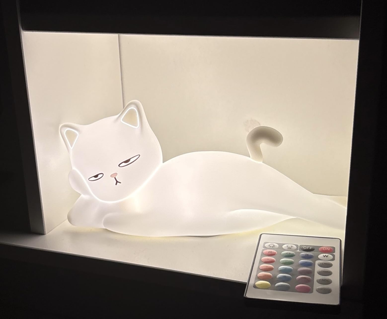 Lying Cat Lamp Funny Gifts, 16 Colors+5 Dimming+Silicone Random Stuff, Touch+Remote+Recharge Night Light, Unique Cool Lamp,Cute Weird Stuff, Squishy Cat White Elephant Gifts for Women/Men/Teens/Kids customer photo 1