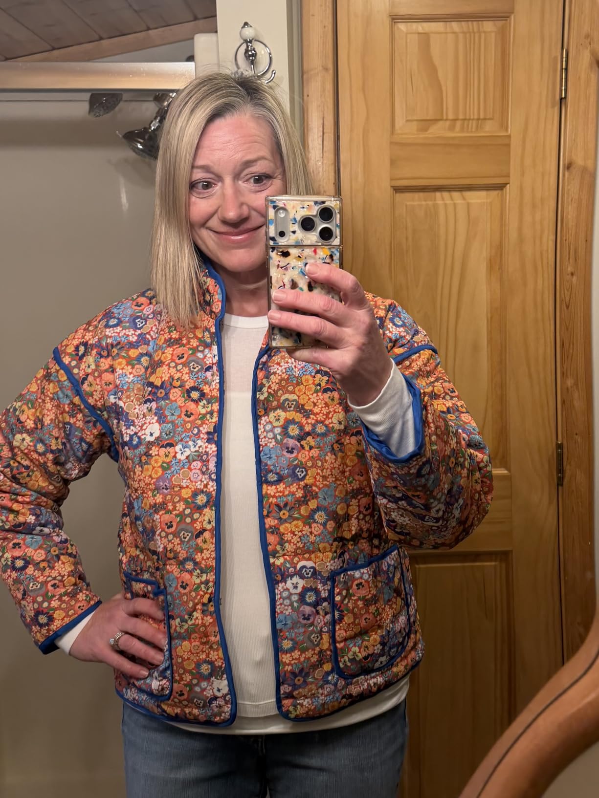 Omoone Women Cropped Quilted Jacket Floral Printed Lightweight Puffer Coat customer photo 1