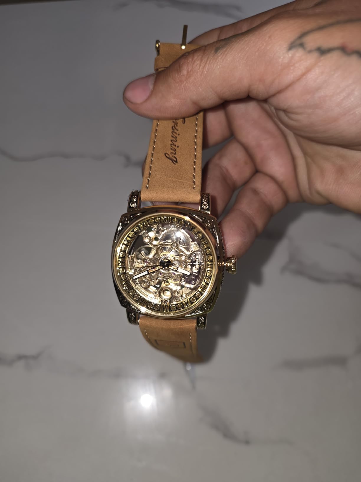 FORSINING Watches for Man, Square Retro Mechanical Watch Self-Wind Carved, Skeleton Automatic Watches Vintage Leather Strap Wristwatch customer photo 1