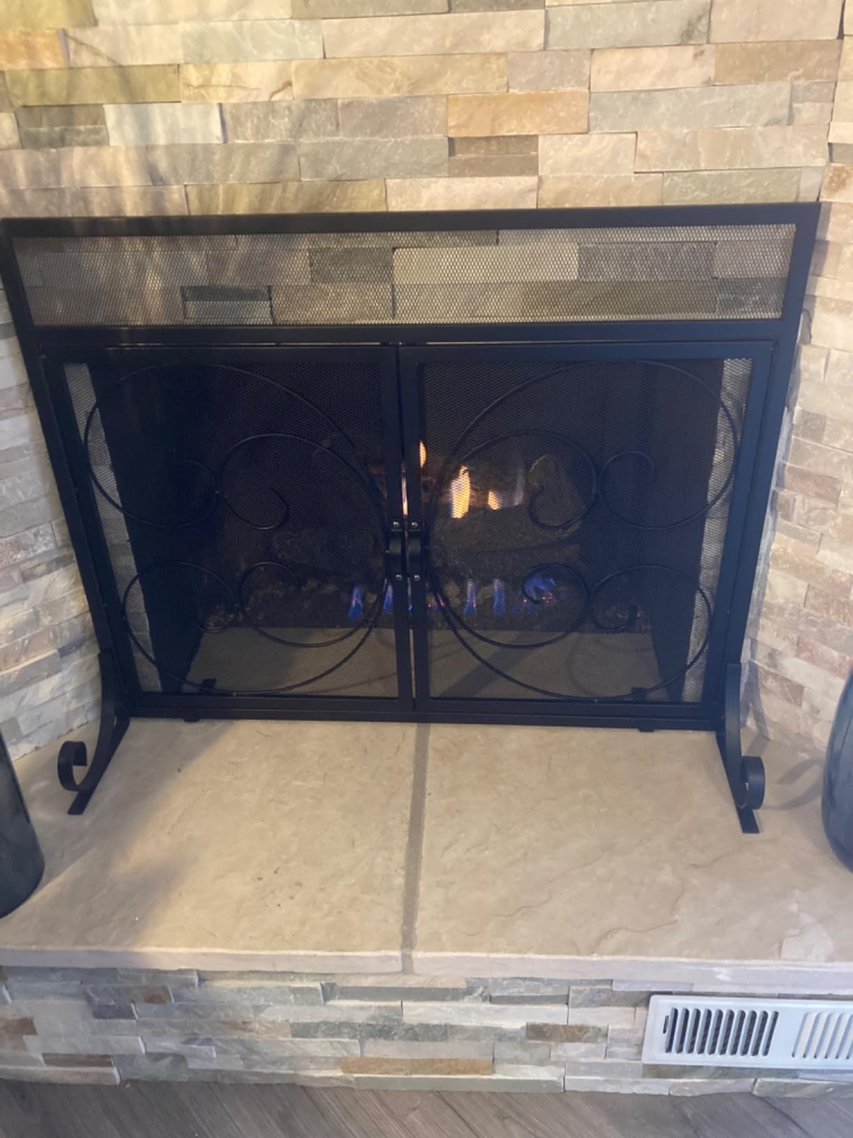 Kingson Fireplace Screen with Hinged Doors Magnetic 2 Panels Sturdy Steel Frame Durable Metal Mesh Decorative Free Standing Fireplace Spark Guard- Black customer photo 1