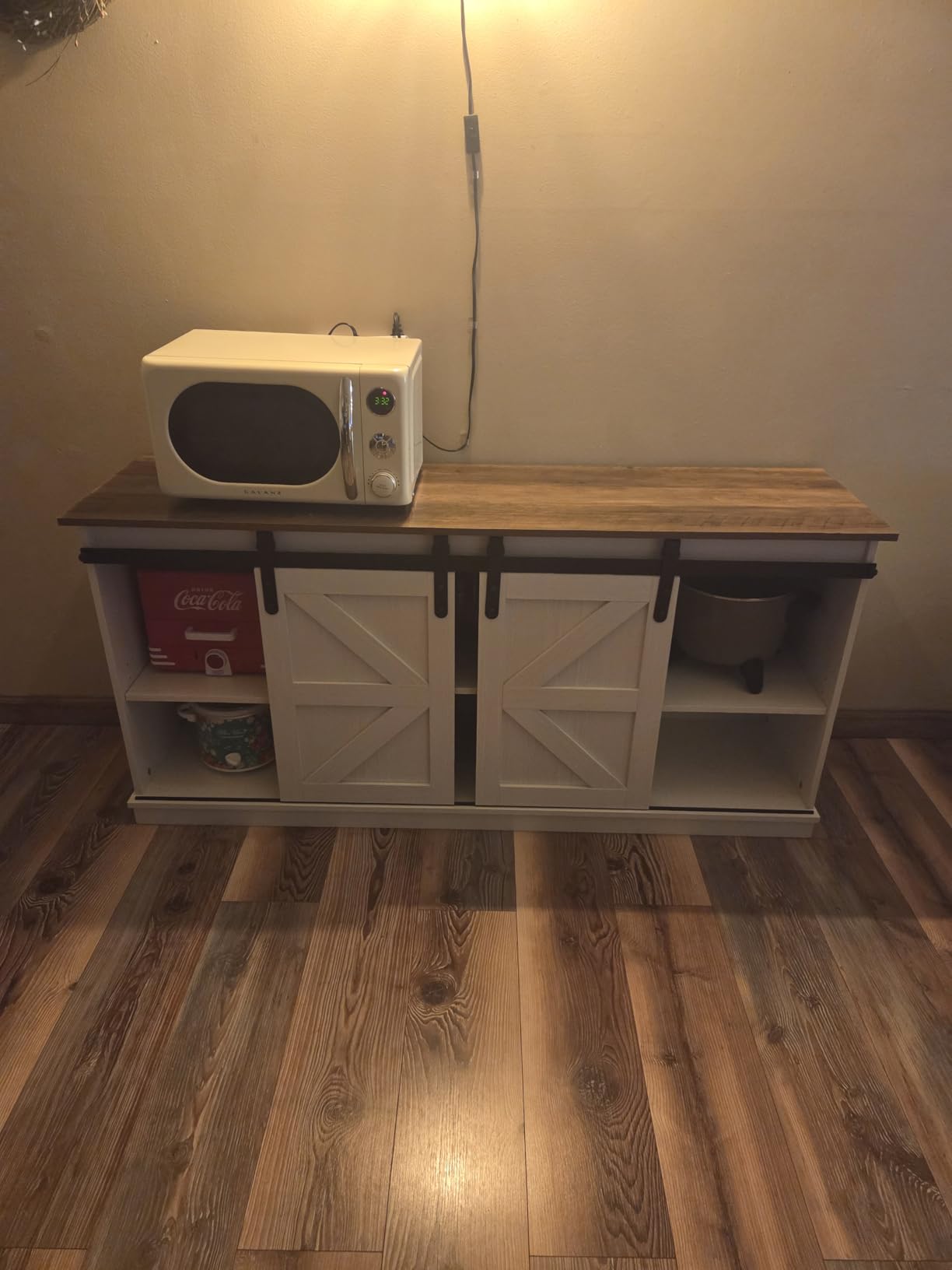 Shahoo Farmhouse Sideboard Buffet Cabinet, Coffee Bar Storage with Sliding Barn Doors, Shelf for Home Dining Room, White customer photo 1