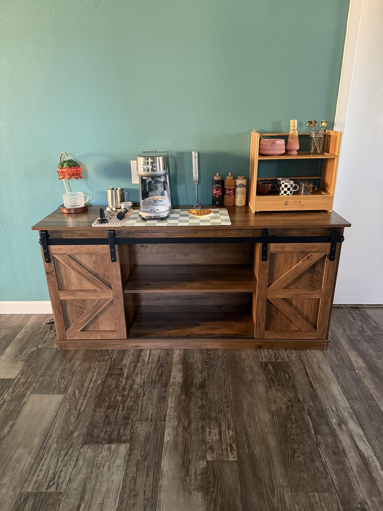 Shahoo Farmhouse Sideboard Buffet Cabinet, Coffee Bar Storage with Sliding Barn Doors, Shelf for Home Dining Room, White customer photo 2