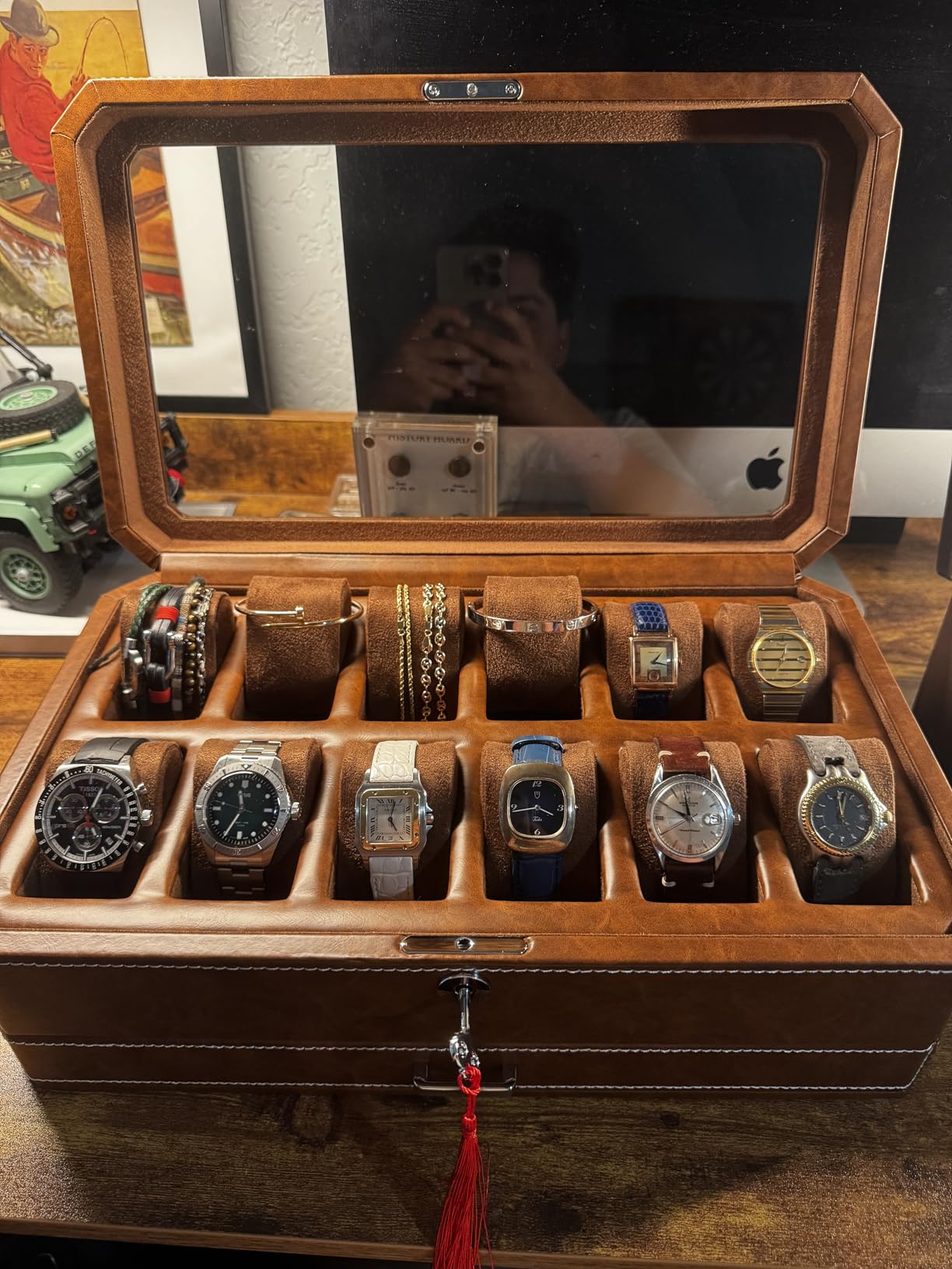 ROTHWELL Luxury Watch Box for 12 Watches – PU Leather Watch Box with Real Glass Lid – Slide out Accessory Drawer with Multiple Compartments (Carbon) customer photo 1