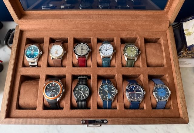 ROTHWELL Luxury Watch Box for 12 Watches – PU Leather Watch Box with Real Glass Lid – Slide out Accessory Drawer with Multiple Compartments (Carbon) customer photo 2