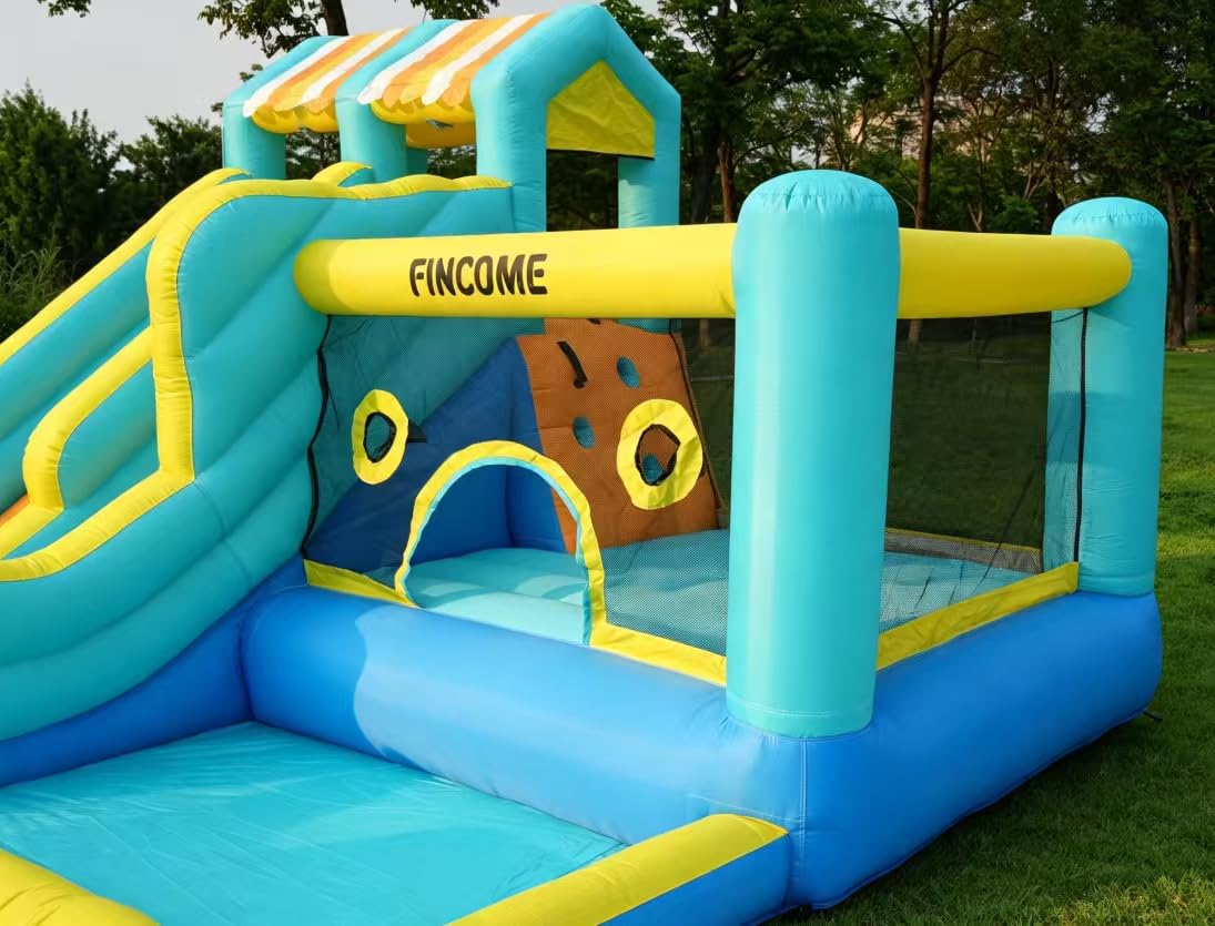 FINCOME Inflatable Bounce House, 10 in 1 Double Water Slide Bounce House with 750W Blower, Climbing Wall, Jumping, Water Gun, Splash Pool, Basketball Hoop for Kids Indoor Outdoor Backyard customer photo 1