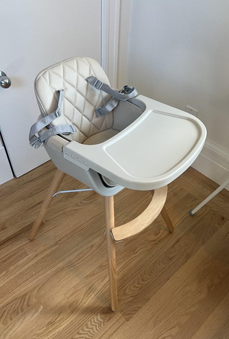 Mallify 3-in-1 Wooden High Chair, Convertible High Chairs for Babies and Toddlers, Baby Highchair with Adjustable Legs & Dishwasher-Safe Tray, Sleek Hardwood & Premium PU Cushion, Beige customer photo 2
