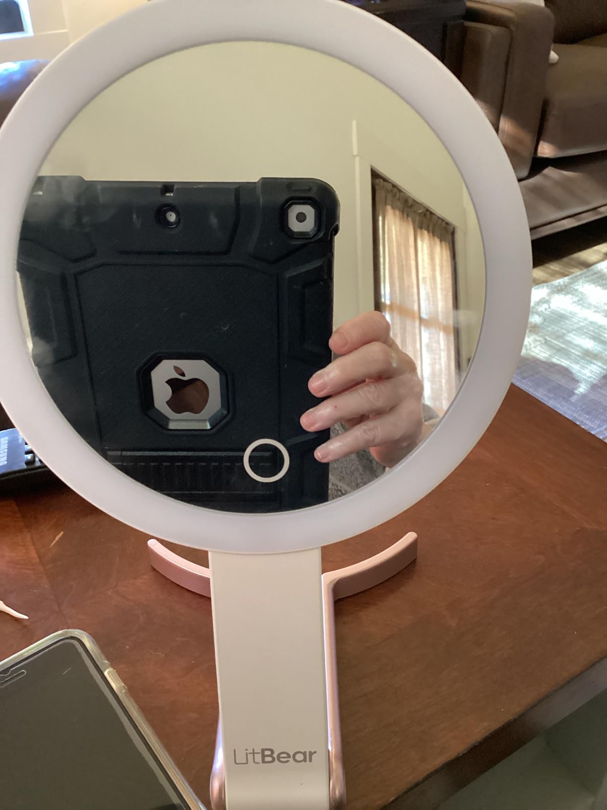 LitBear Travel Makeup Mirror with Lights, Rechargeable Double-Sided 10X/1X Magnifying Mirror, Portable Lighted Beauty Mirror, 3 Color Lighting, Dimmable Touch Screen, Tabletop Handhold Hanging (White) customer photo 1