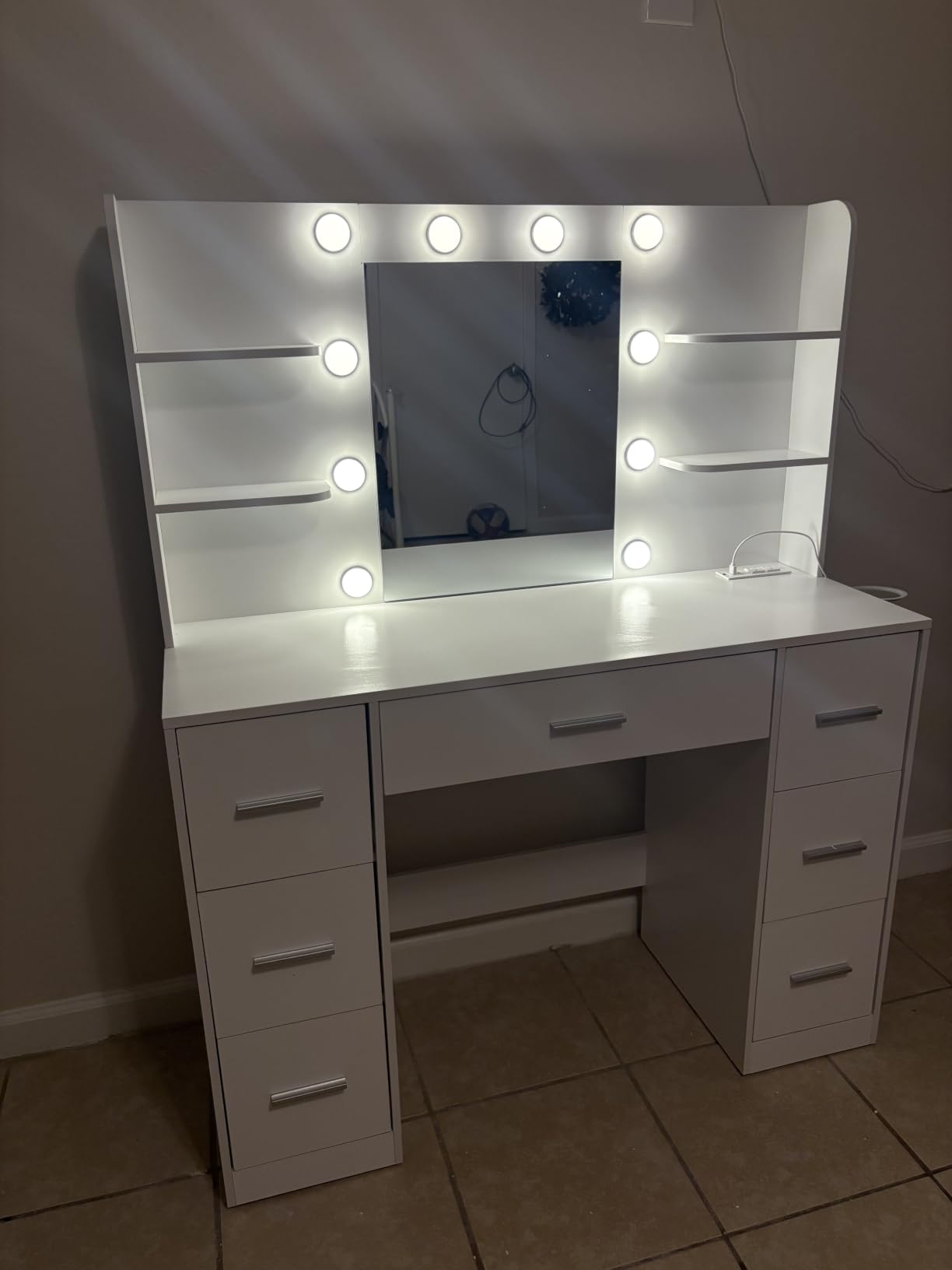 YESHOMY Vanity Desk with Mirror, Outlet, 10 Lights & 7 Drawers,Pure White customer photo 1