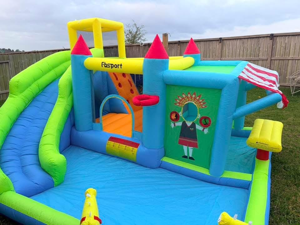 FBSPORT Inflatable Bounce House Water Slide, Bounce House for Kids with Toy Market Stand Splash Pool Bouncer Climbing Wall Water Gun Ball Dart, Bouncy Castle W/620W Blower for Outdoor Indoor, Red customer photo 1