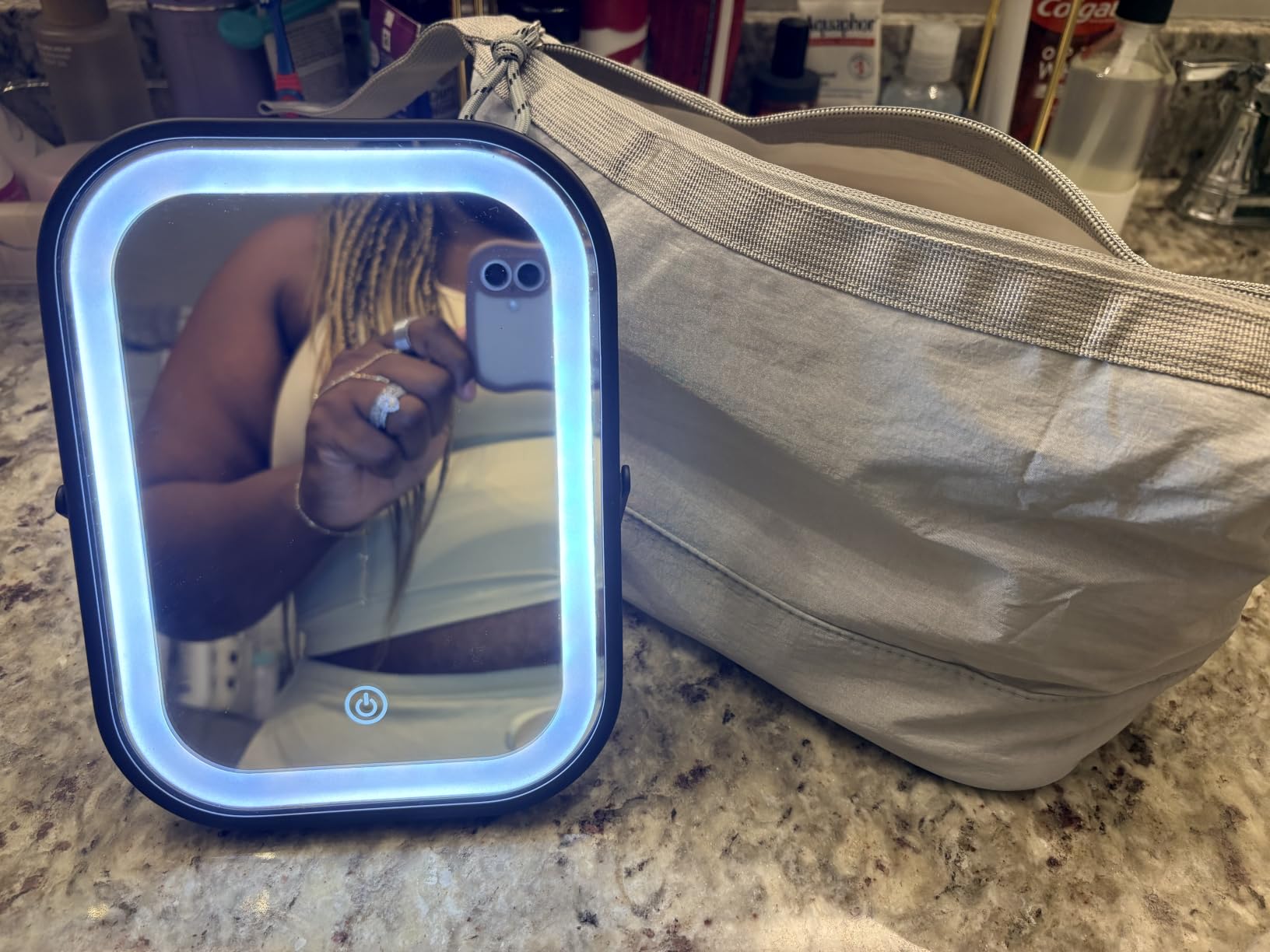 YEKKOPT Travel Makeup Mirror with Lights, Portable Small Beauty LED Vanity Mirror with Lights, 1200mAh Battery, Dimmable Touch Screen, Tabletop Folding Compact Mirror,Women Gift customer photo 2