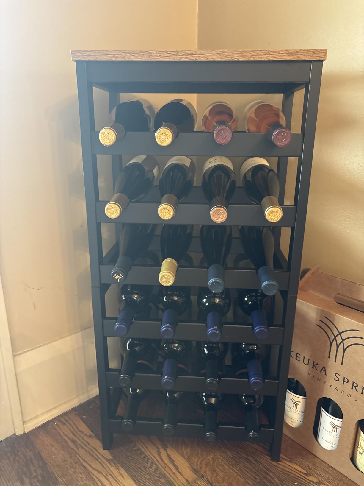 VASMIA Wine Rack Freestanding Floor, 6 Tier Bamboo Wine Storage Shelves with Table Top, 24-Botttle Wine Rack Shelf for Kitchen Bar Dining Room Living Room, Rustic Brown and Black customer photo 1