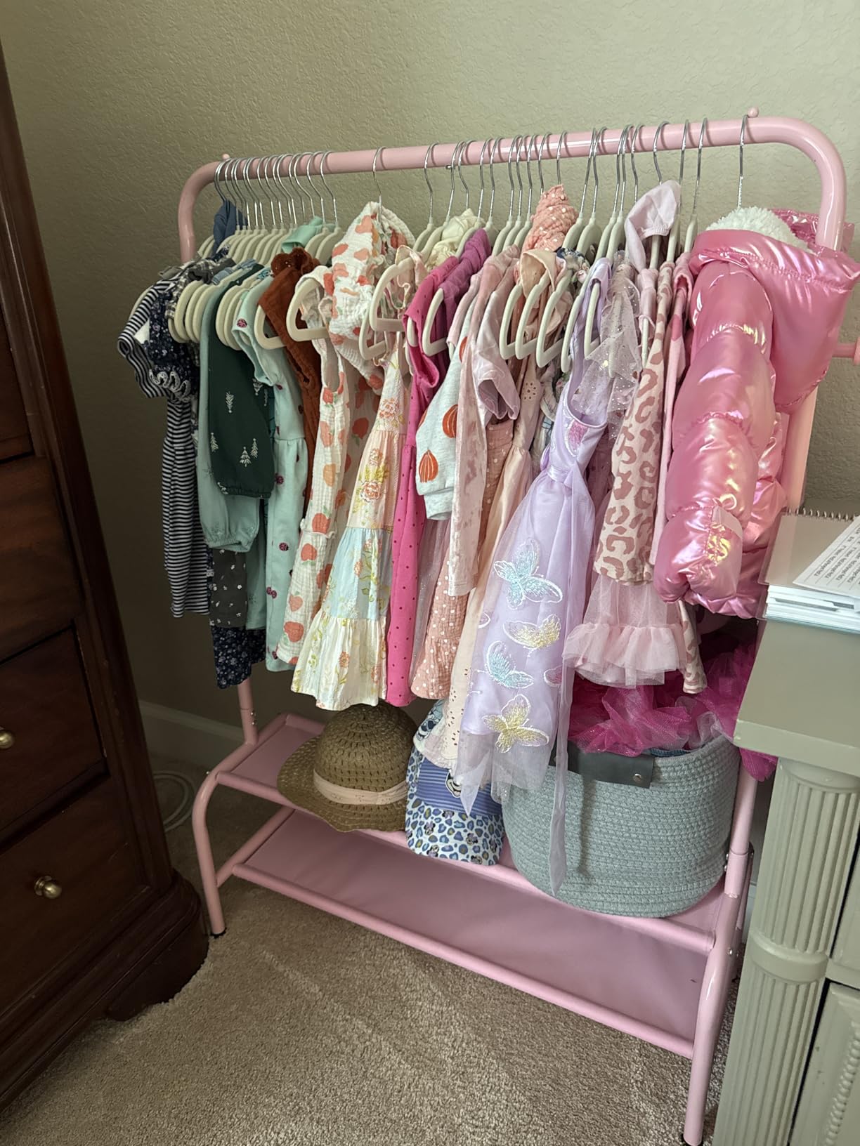 Kids Clothing Rack - Dress Up Clothes Rack - Baby Toddler Closet - Mini Freestanding Coat Racks with 2 Fabric Shelves - Small Kids Costume Wardrobe - Garment Rack for Hanging Clothes Organizer customer photo 1