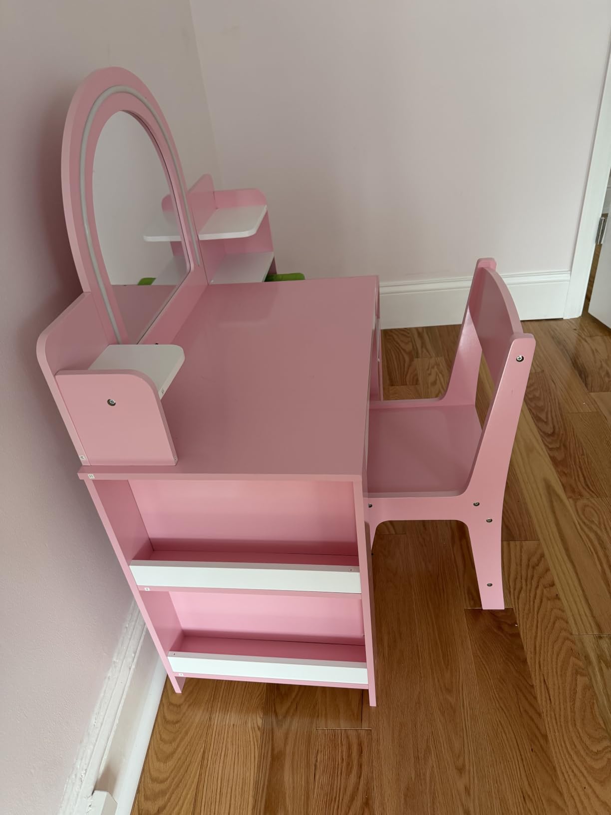 MU Kids Vanity with Lights, Girls Vanity Table and Chair Set with Lighted Mirror, Storage Cabinet, Bookshelf & Shelves, Toddler Makeup Vanity Set for Little Girls, Pink customer photo 1