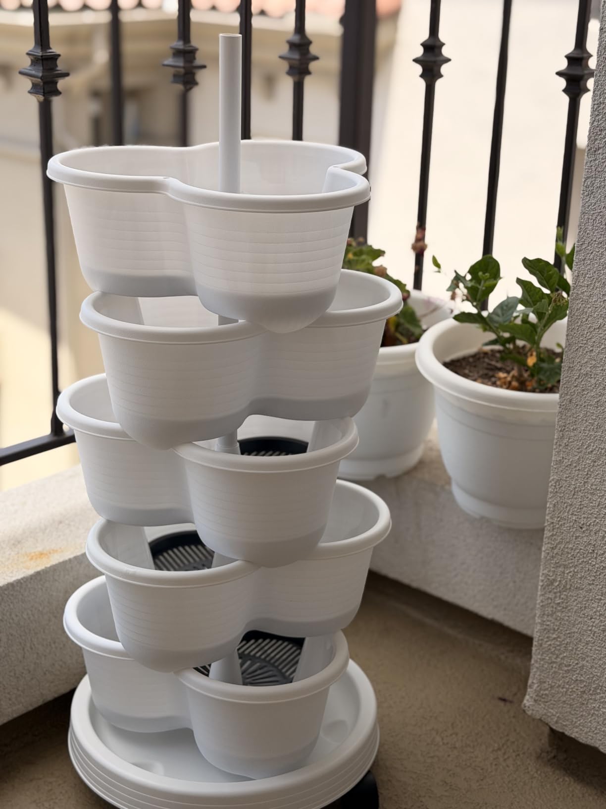 VECELO 5 Tier Vertical Garden Planter, Self Watering Stackable Planters with Wheels for Strawberries, Herbs, Flowers, Vegetables, White customer photo 1