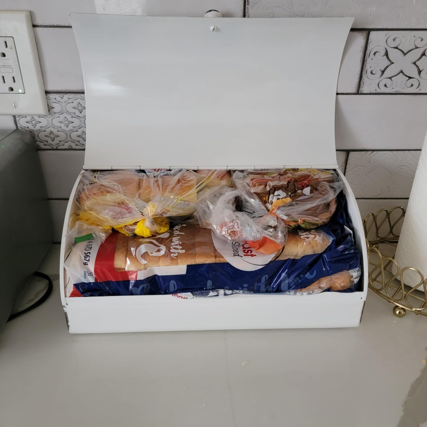 AuldHome Design Large White Bread Box; Farmhouse Enamelware Vintage Style Family Size Countertop Bread Bin customer photo 1