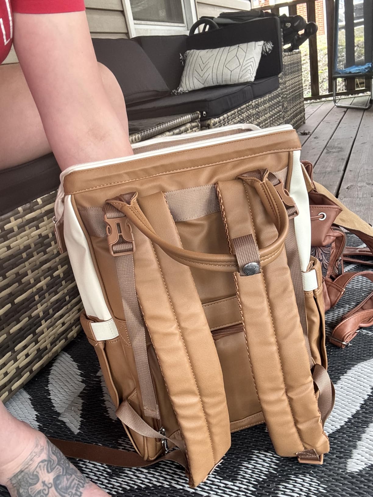 BabbleRoo Leather Diaper Bag Backpack, Multifunction Large Bags with Changing Pad & Stroller Straps & Pacifier Case, Unisex Stylish Travel Back Pack Nappy Changing Bag for Moms Dads (Caramel Cream) customer photo 1