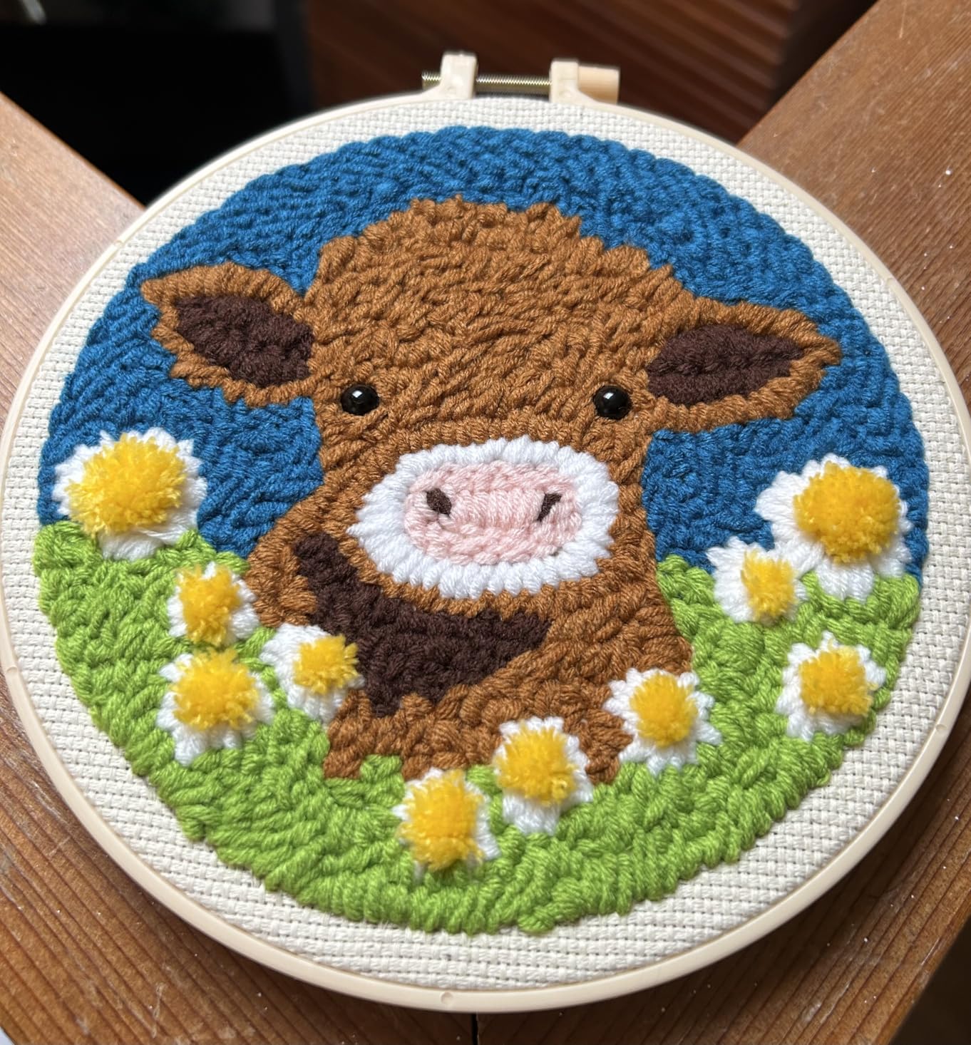 DIY Punch Needle Kits Highland Cow with Daisy Flower with Hoop 20x20cm-1 customer photo 1