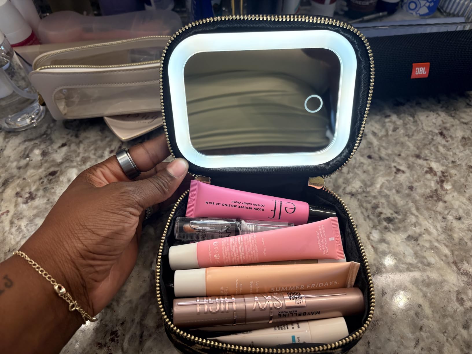 Mini Makeup Bag with Led Mirror, Small Travel Make up Bag 3 Light Modes Adjustable Brightness, for Women Organizer Cosmetic Bag, Portable Travel Train Toiletry Bag, for Pool Parties Work Touch-Ups customer photo 2