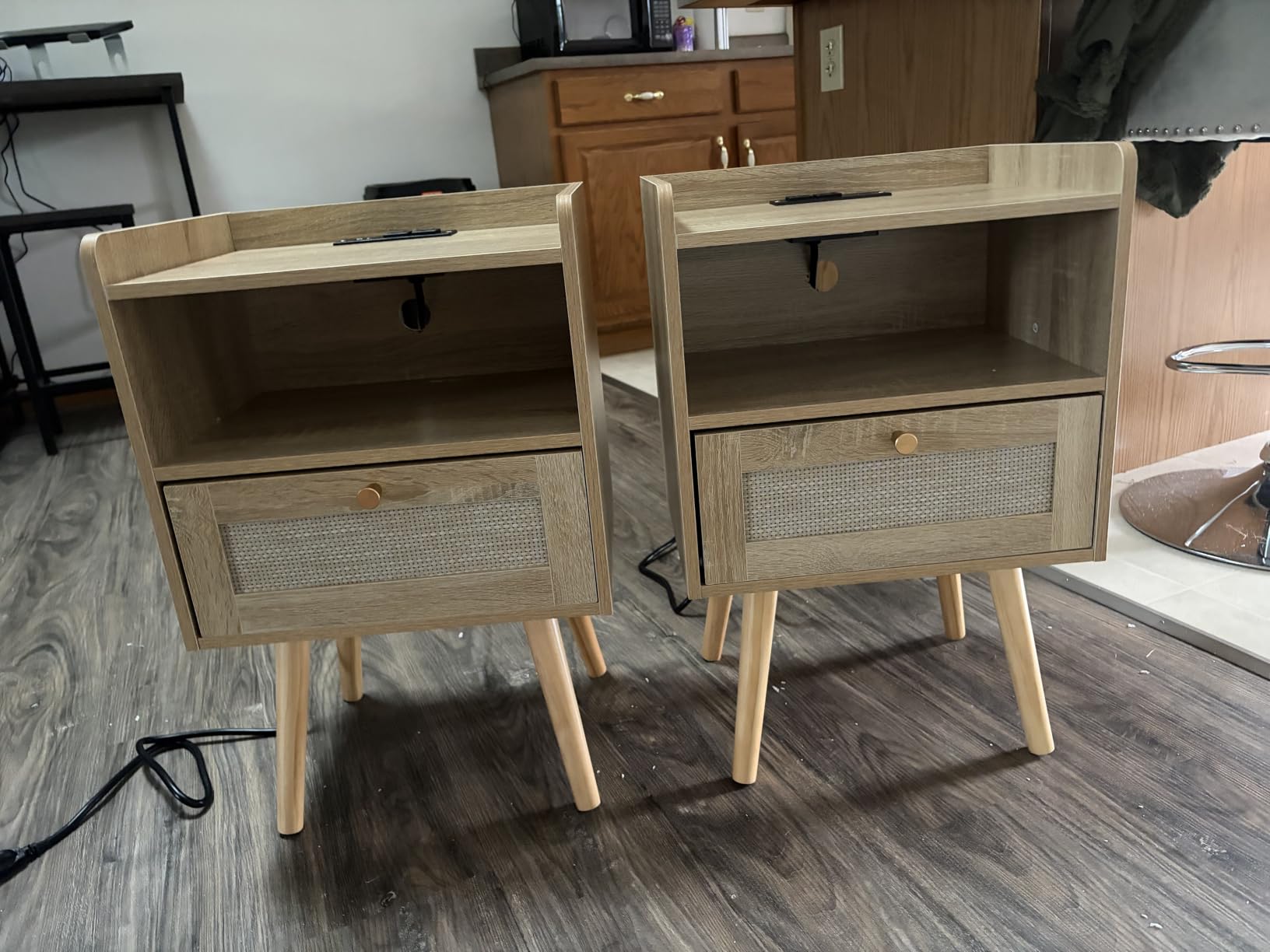 Rattan Nightstand Set of 2 with Charging Station, Modern Boho Bedside Table customer photo 1