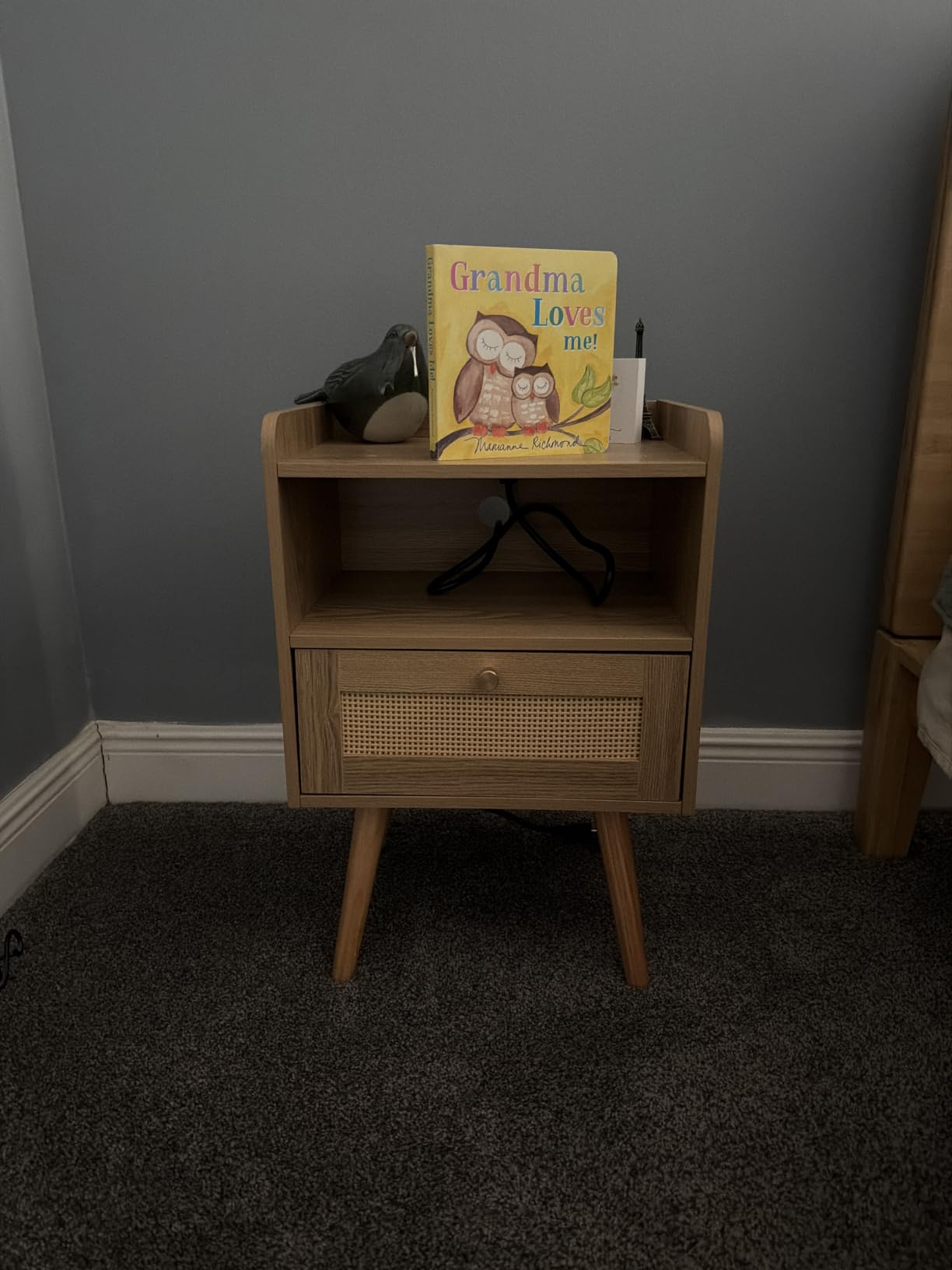 Rattan Nightstand Set of 2 with Charging Station, Modern Boho Bedside Table customer photo 2