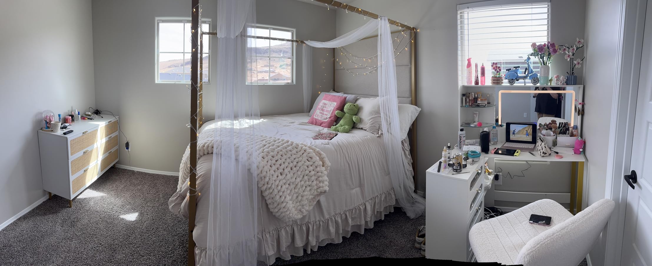 LUMISOL Canopy Bed Frame King, Metal 4 Poster Bed with Tall Velvet Headboard, Dual Purpose Canopy Platform Bed with Metal Poles for Bedroom, Box Spring Needed, Black + White customer photo 1