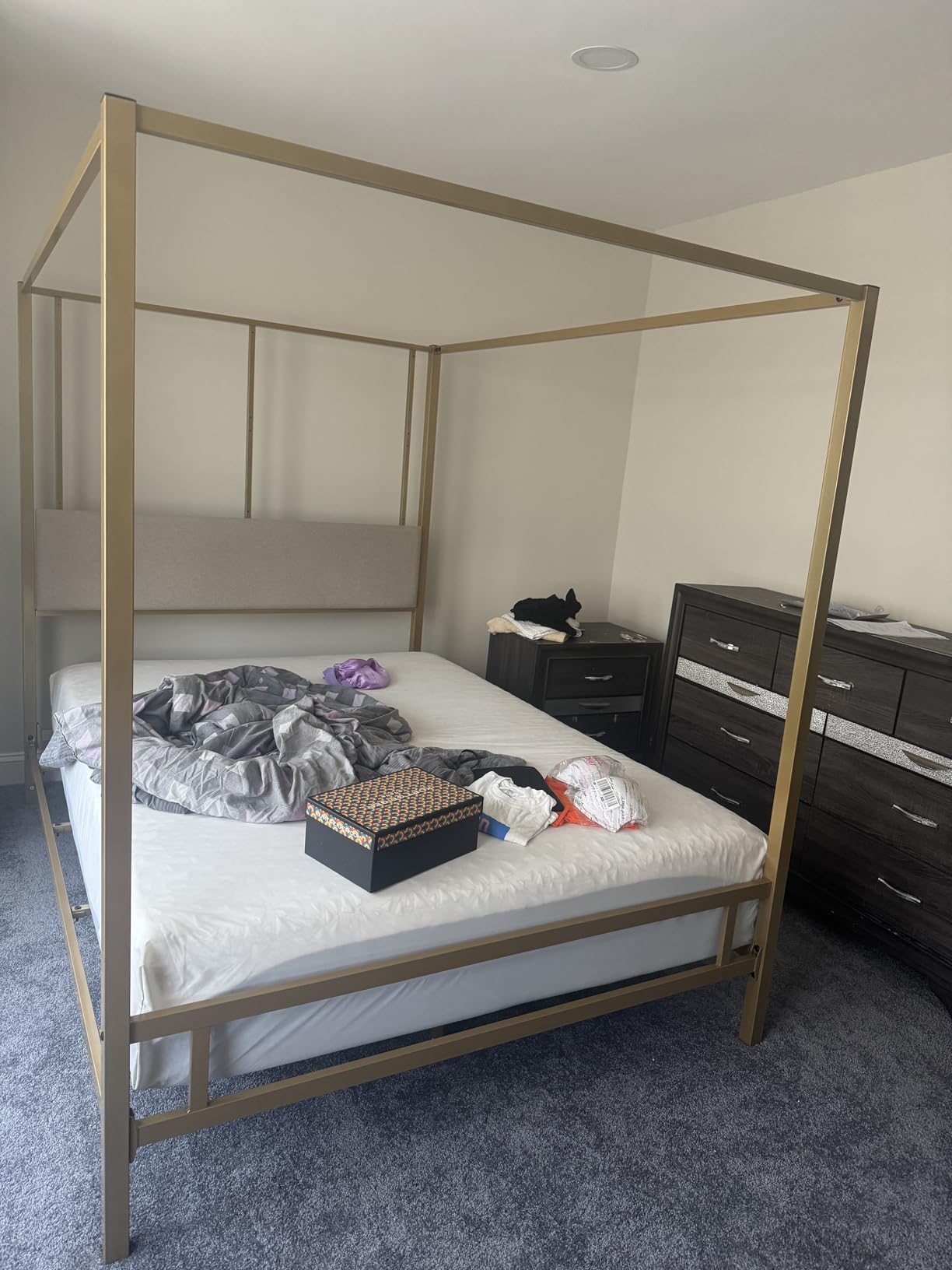 LUMISOL Canopy Bed Frame King, Metal 4 Poster Bed with Tall Velvet Headboard, Dual Purpose Canopy Platform Bed with Metal Poles for Bedroom, Box Spring Needed, Black + White customer photo 2