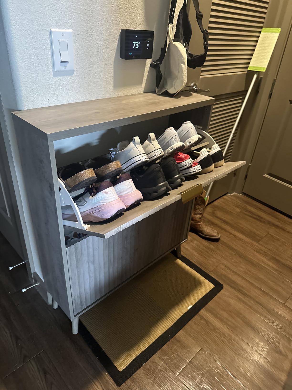 Shoe Cabinet Storage, Modern Freestanding Organizer with 2 Flip Drawers, Narrow Shoe Rack for Entryway, Walnut customer photo 2