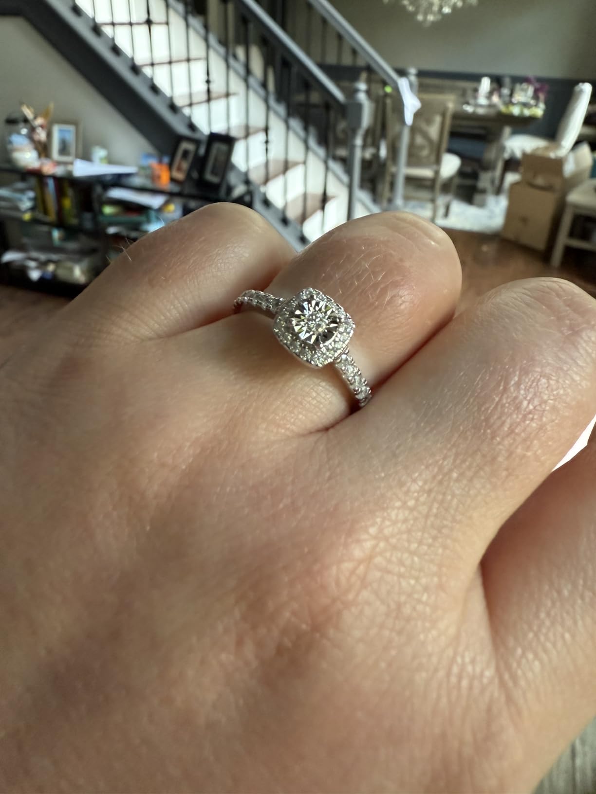 Sterling Silver Halo Lab Grown Diamond Engagement Ring, Pave Band customer photo 1