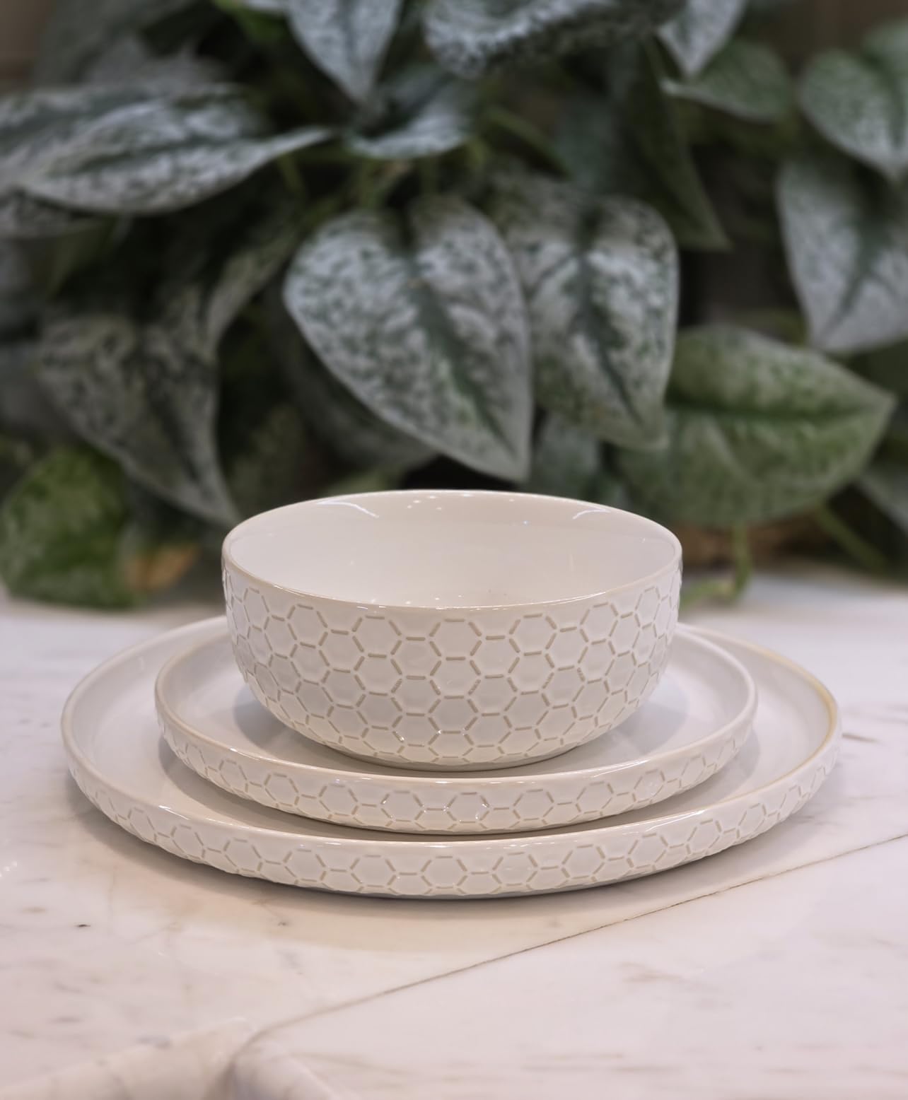 24 Piece Dinnerware Sets for 8 - Farmhouse Style Stoneware Plates and Bowls Sets - Scratch Resistant & Dishwasher Safe, Embossed Boho Ceramic Dish Set, Stack Compactly Dishware - Vintage White customer photo 1