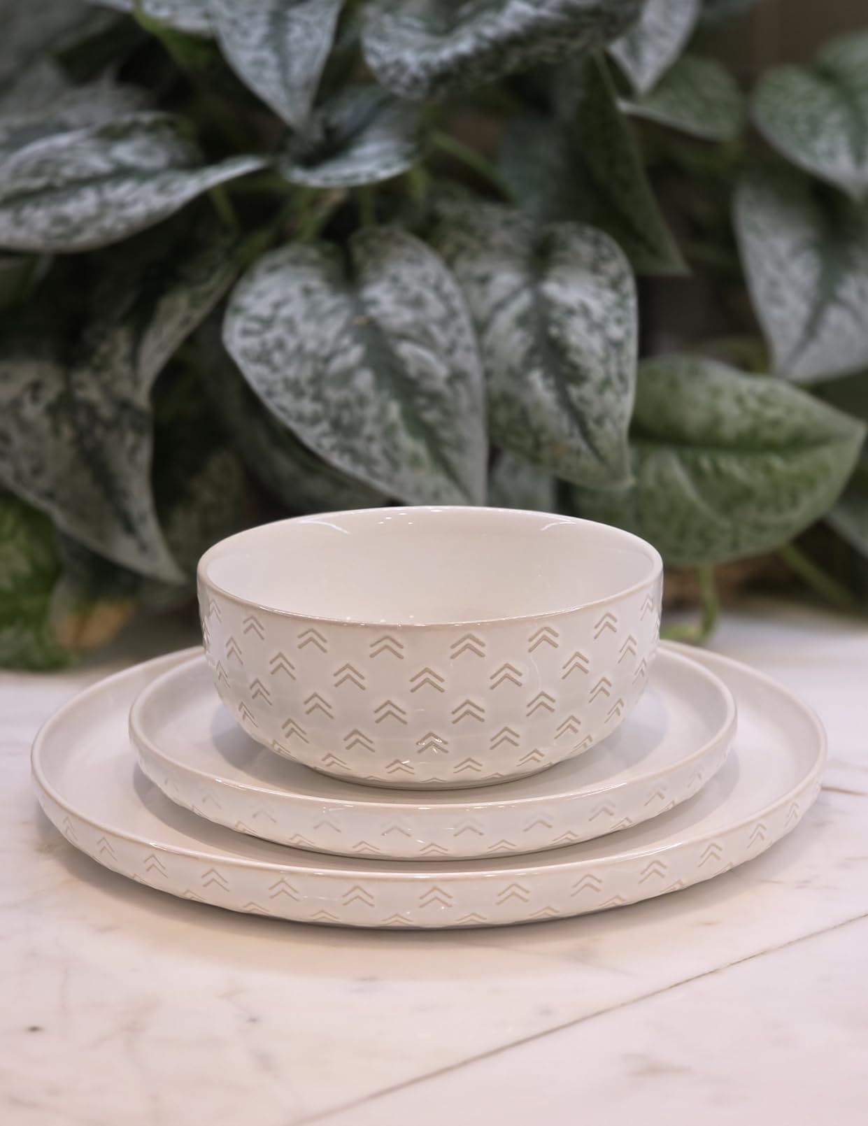 24 Piece Dinnerware Sets for 8 - Farmhouse Style Stoneware Plates and Bowls Sets - Scratch Resistant & Dishwasher Safe, Embossed Boho Ceramic Dish Set, Stack Compactly Dishware - Vintage White customer photo 2