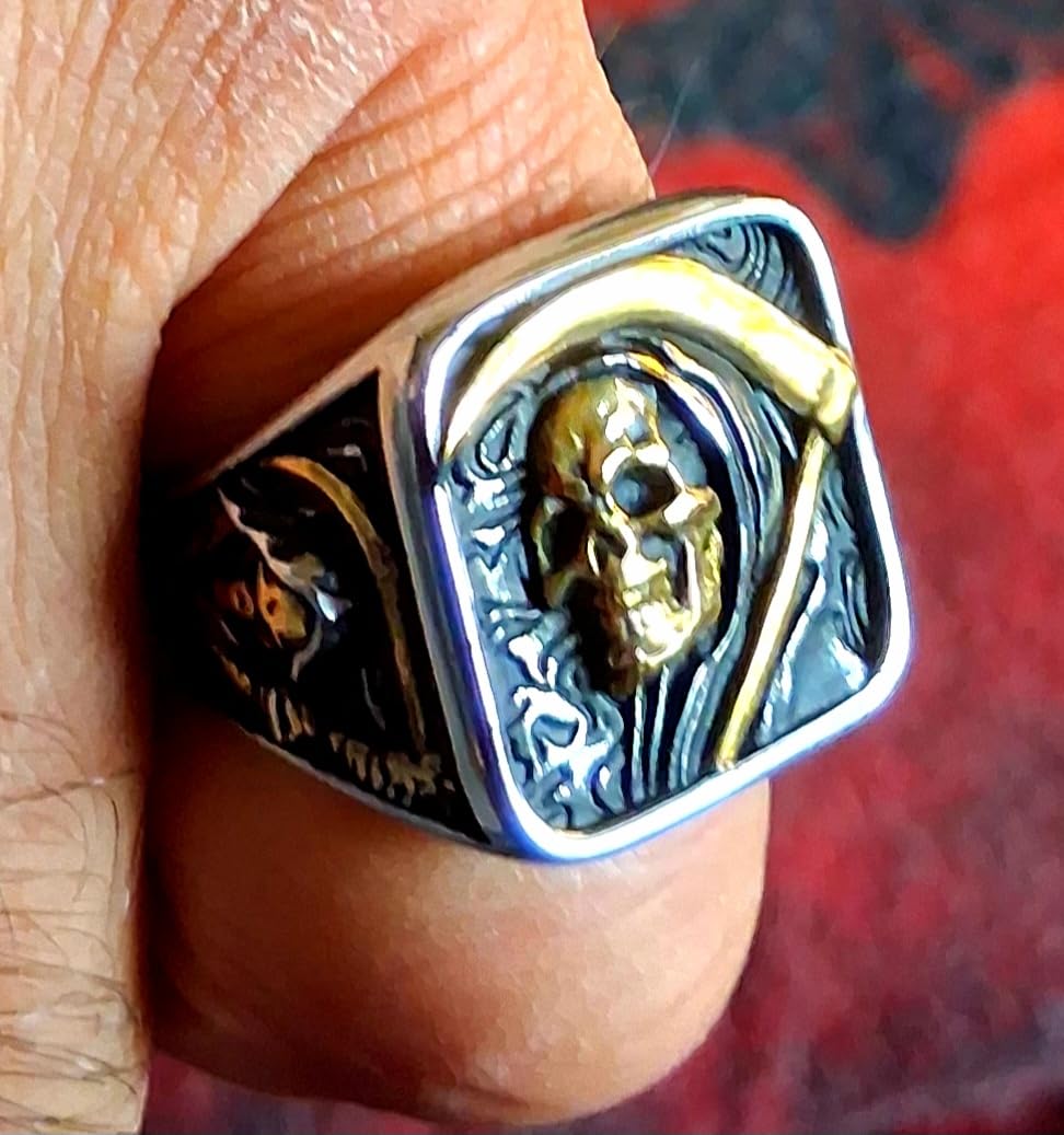 Grim Reaper Ring for Men – Gold Skull with Scythe Signet Statement Ring, Death Biker Punk Stainless Steel Jewelry customer photo 1