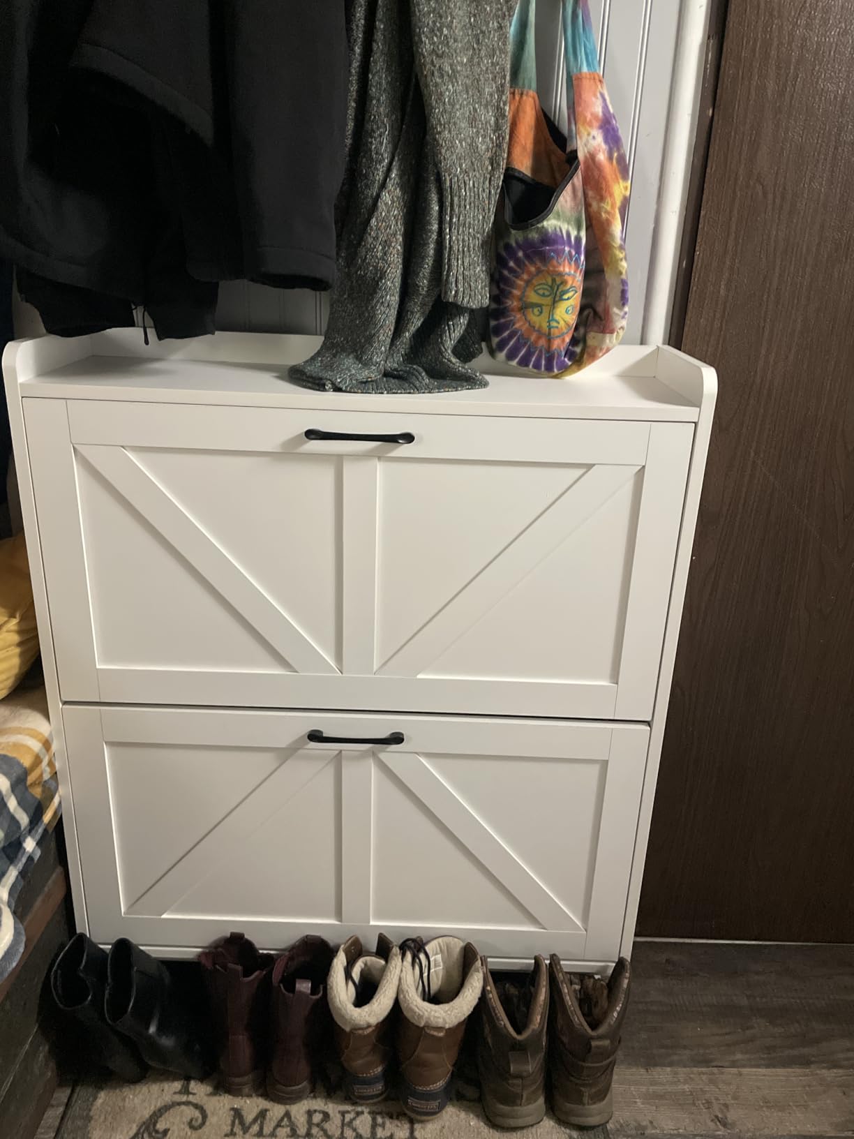 GRUSIGN Shoe Cabinet, Shoe Storage Cabinet with 2 Flip Drawers & Adjustable Shelf, Space-Saving Shoe Organizer – Holds 16+ Pairs, Narrow Shoe Cabinet Storage for Entryway/Hallway(White) customer photo 2