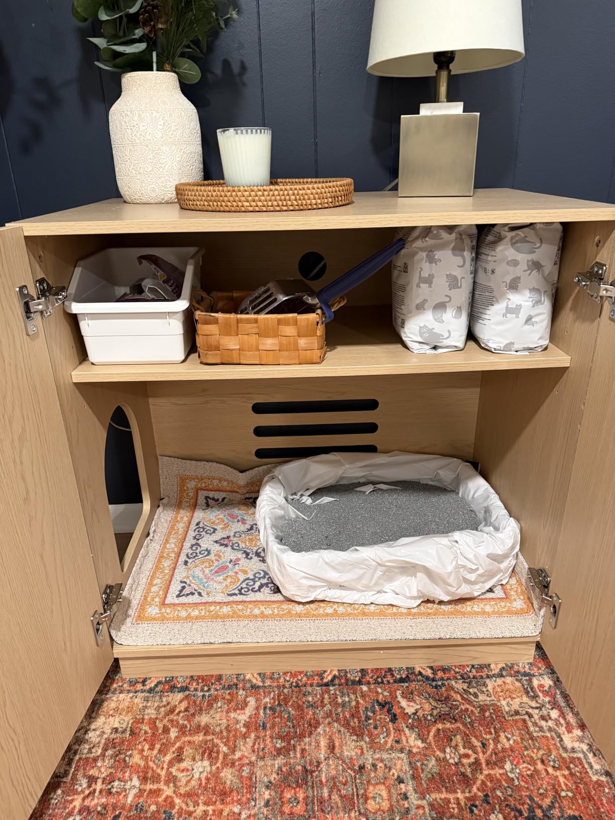 Amunrbrek Large Litter Box Enclosure, Fluted Hidden Cat Litter Box Cabinet with Storage, Symmetrical Curved Accent Sideboard Furniture (Natural) customer photo 1