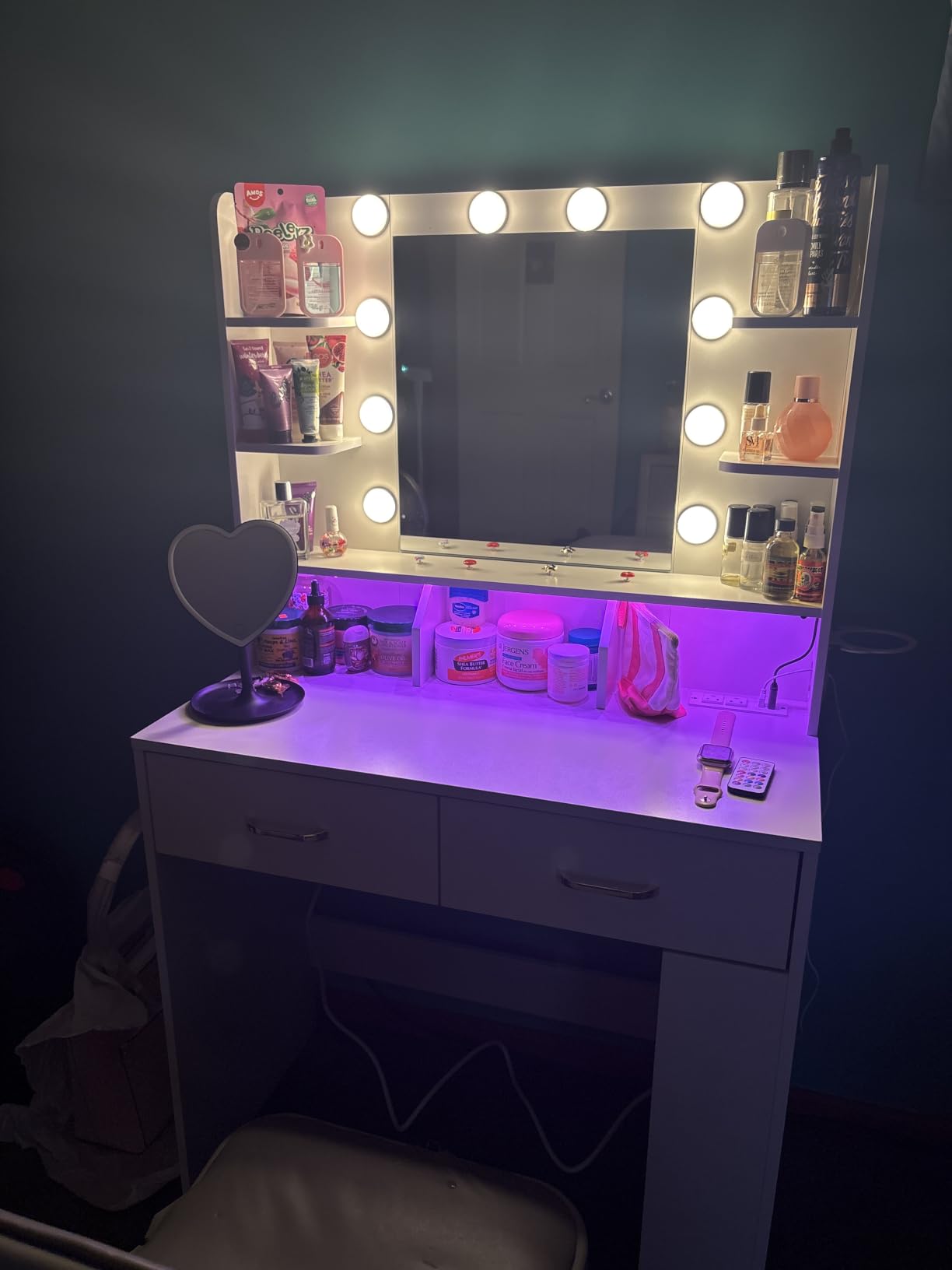 LUCKRACER Vanity Desk with LED Lights Mirror & Charging Station, Makeup Vanity with Storage Drawers and Shelves, Modern Dressing Table for Women Girls Bedroom, Ivory White customer photo 2