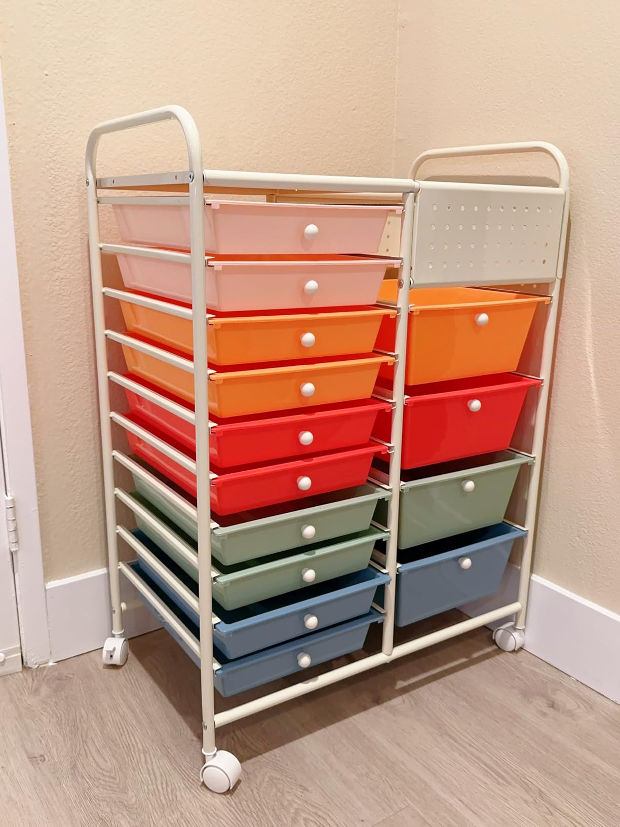 Giantex 14 Drawer Storage Cart, Rolling Craft Cart with Metal Tabletop & Pegboard, Mobile Utility Organizer Trolley with Locking Wheels, Home Office, Ivory customer photo 1