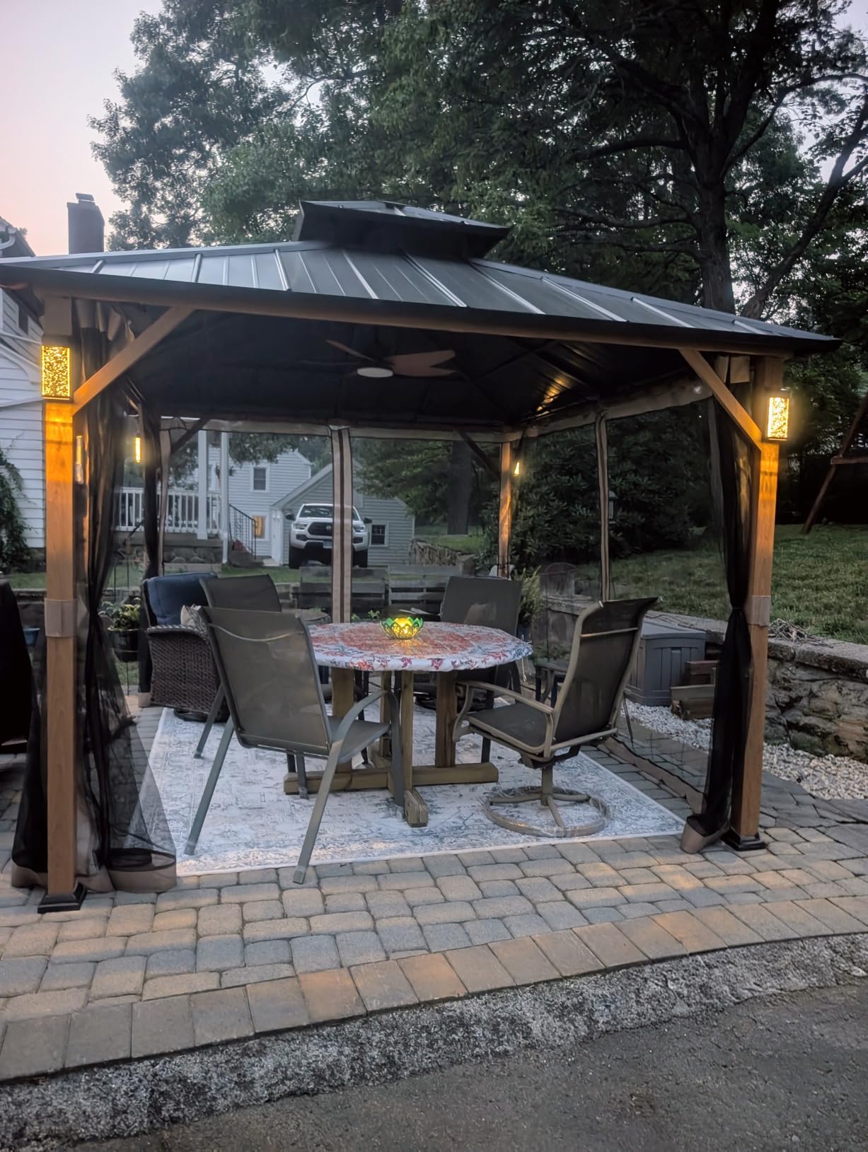 Modern Shade Hardtop Gazebo 10x12 with 4 LED Lights for Backyard Wood Grain customer photo 1