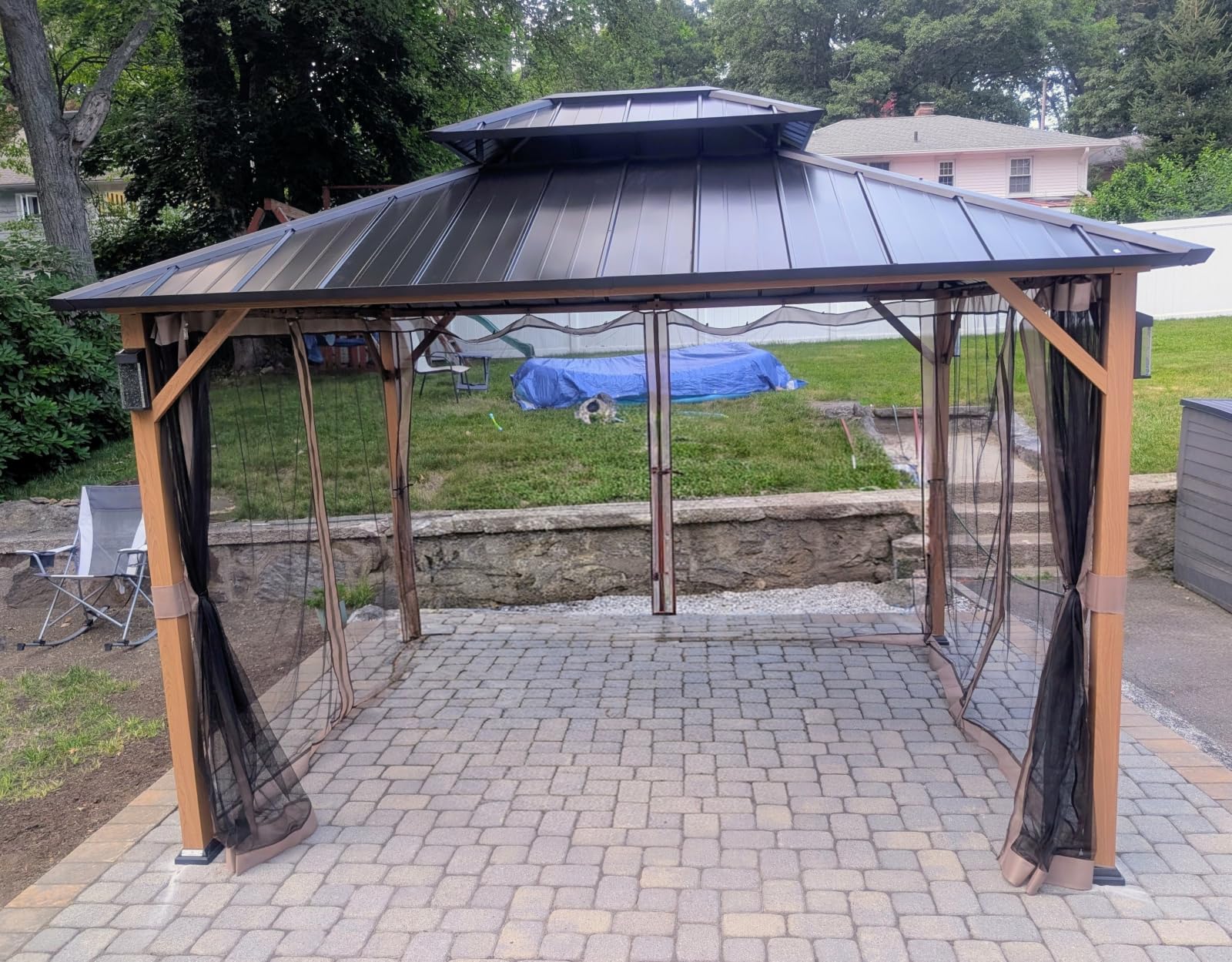Modern Shade Hardtop Gazebo 10x12 with 4 LED Lights for Backyard Wood Grain customer photo 2