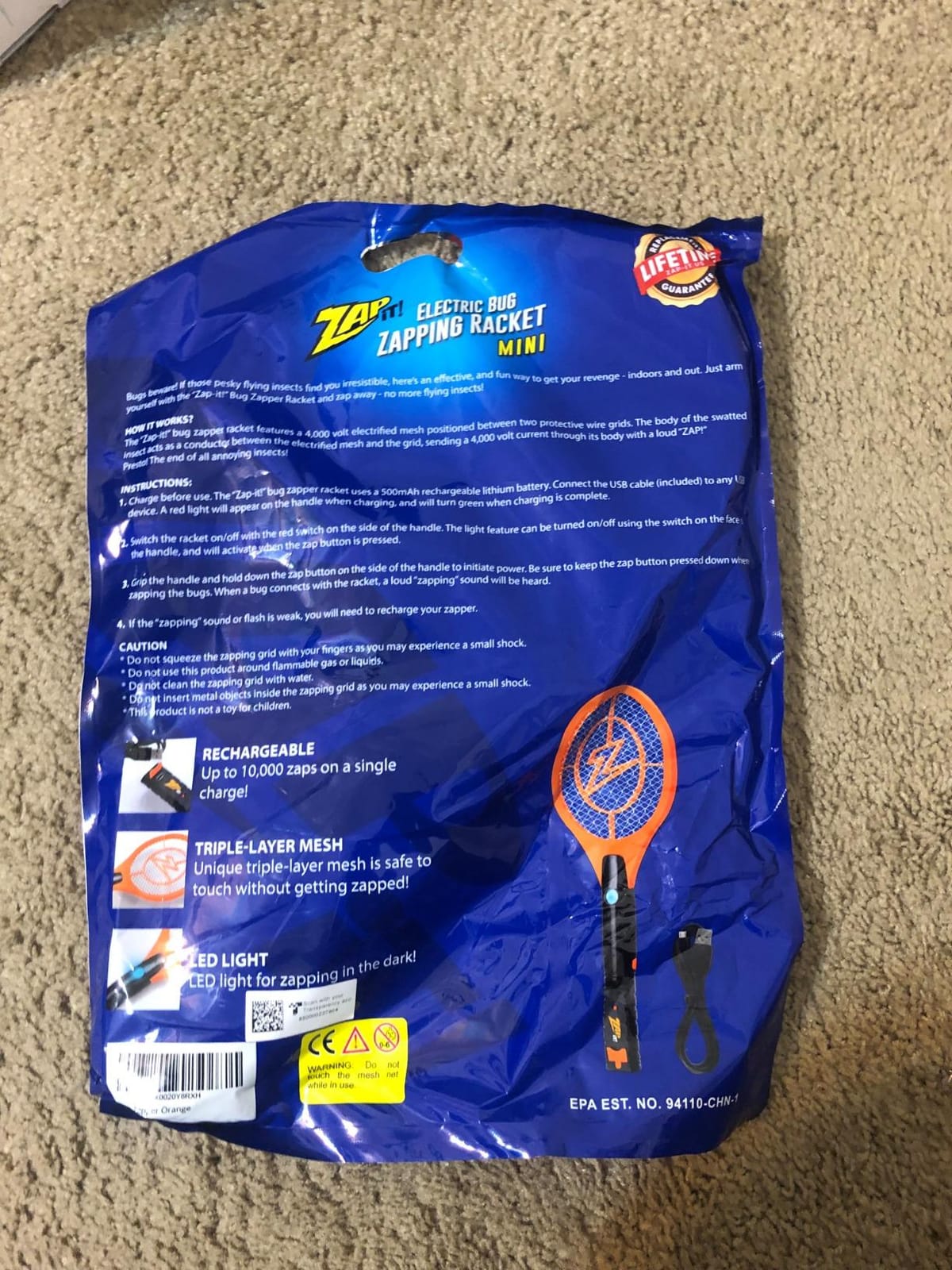 ZAP IT! Rechargeable Electric Fly Swatter Racket - 4,000-Volt Mosquito Zapper with USB Charging Cable and Super-Bright LED Light -Small- Safe 3-Layer Mesh, Yellow, Bug Zapper for Indoors and Outdoors customer photo 2