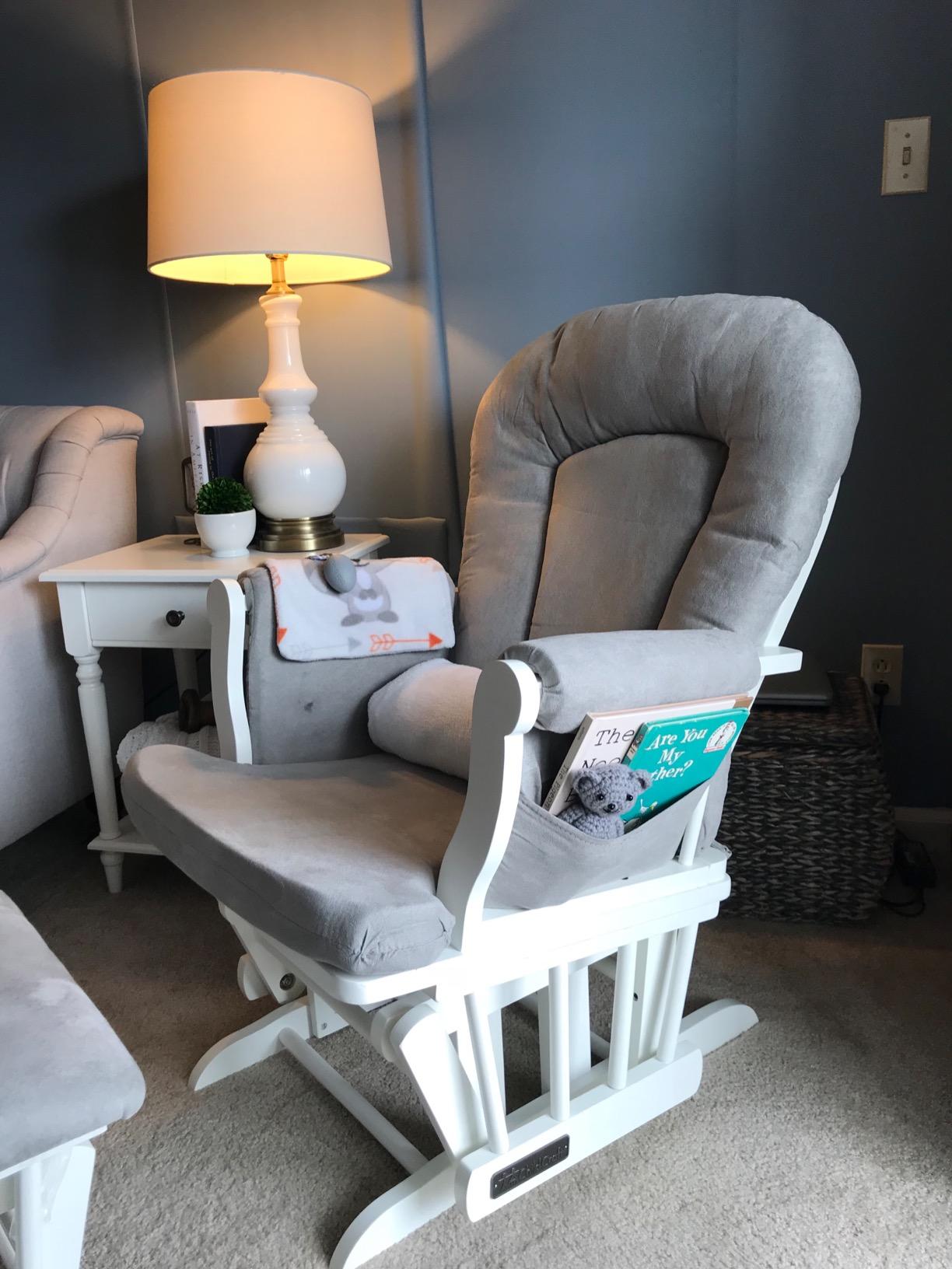Child Craft Cozy Glider Rocker and Ottoman Set, Smooth Quiet Gliding Motion, Padded Cushion with Convenient Storage Pockets, Solid Wood Base & Frame (Matte White with Light Gray Cushion) customer photo 1