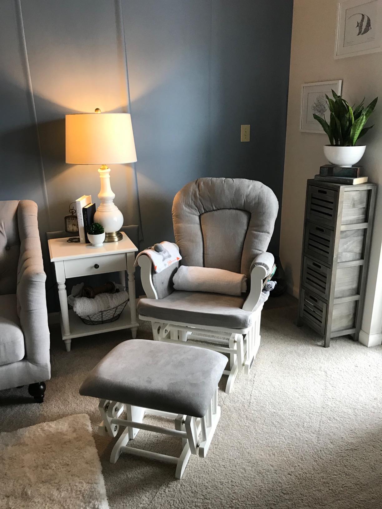 Child Craft Cozy Glider Rocker and Ottoman Set, Smooth Quiet Gliding Motion, Padded Cushion with Convenient Storage Pockets, Solid Wood Base & Frame (Matte White with Light Gray Cushion) customer photo 2