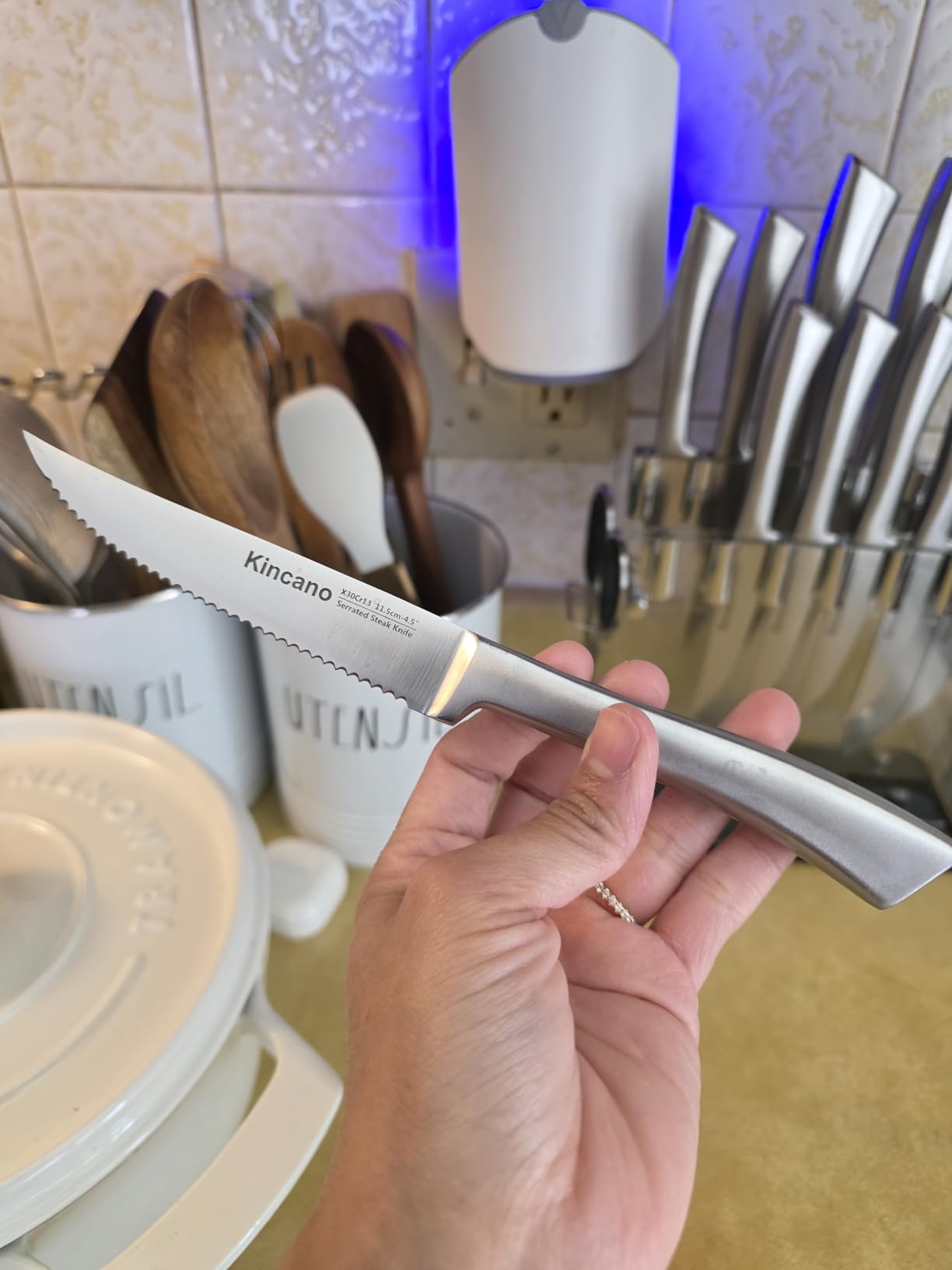 Knife Set, 14 PCS High Carbon Stainless Steel Super Sharp Kitchen Knife Set for Chef with Acrylic Stand, include Steak Knives, Sharpener and Scissors, Ergonomical Design by kincano customer photo 2