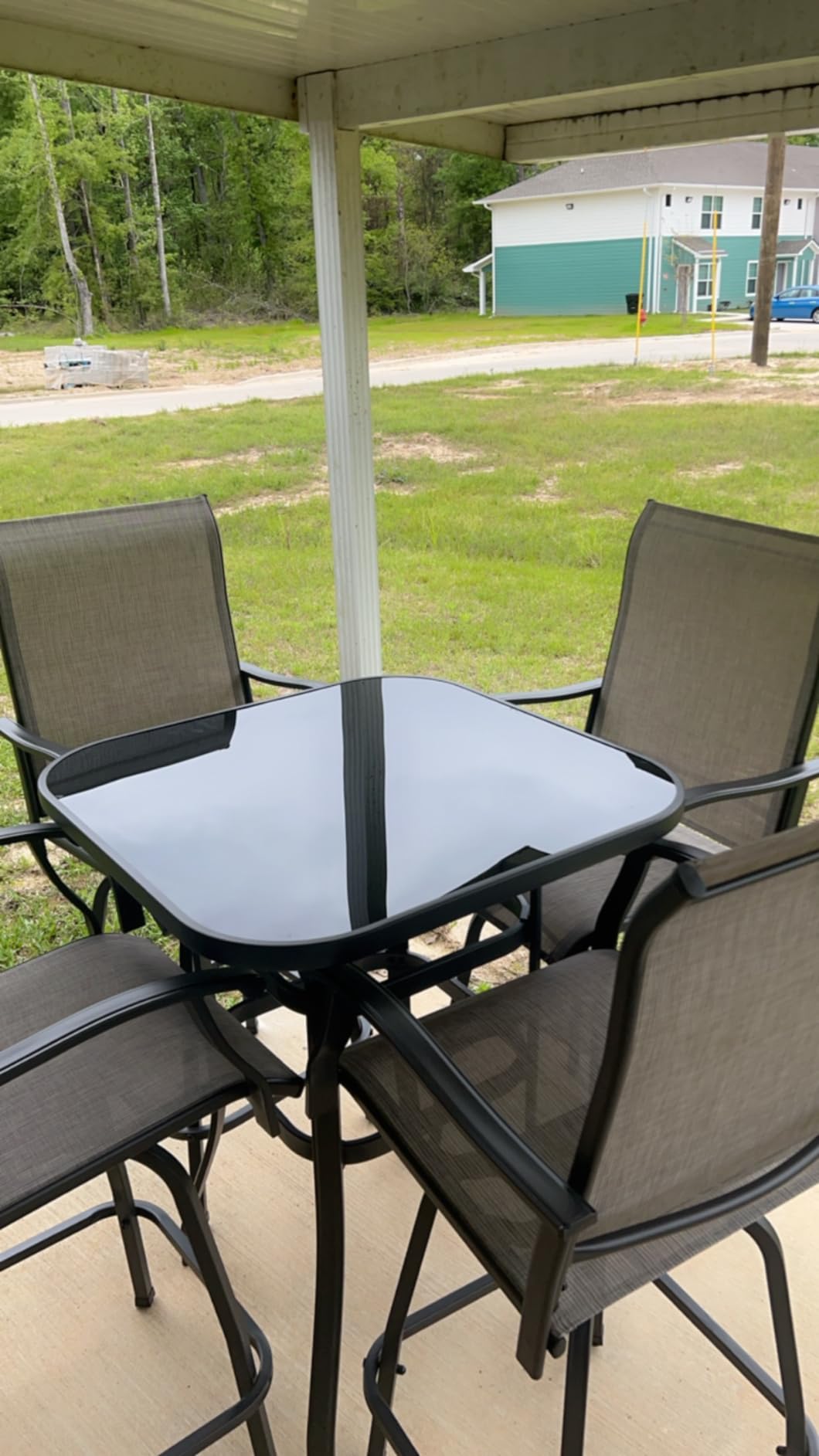Vongrasig 3 Piece Patio Swivel Bar Set, All Weather Mental Textilene High Swivel Stools Chair Set of 2 and Glass Bar Table, Outdoor High Top Bistro Set for Lawn Garden, Balcony, Taupe customer photo 1
