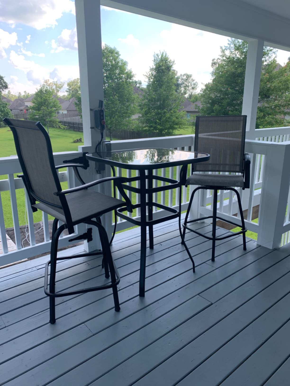 Vongrasig 3 Piece Patio Swivel Bar Set, All Weather Mental Textilene High Swivel Stools Chair Set of 2 and Glass Bar Table, Outdoor High Top Bistro Set for Lawn Garden, Balcony, Taupe customer photo 2