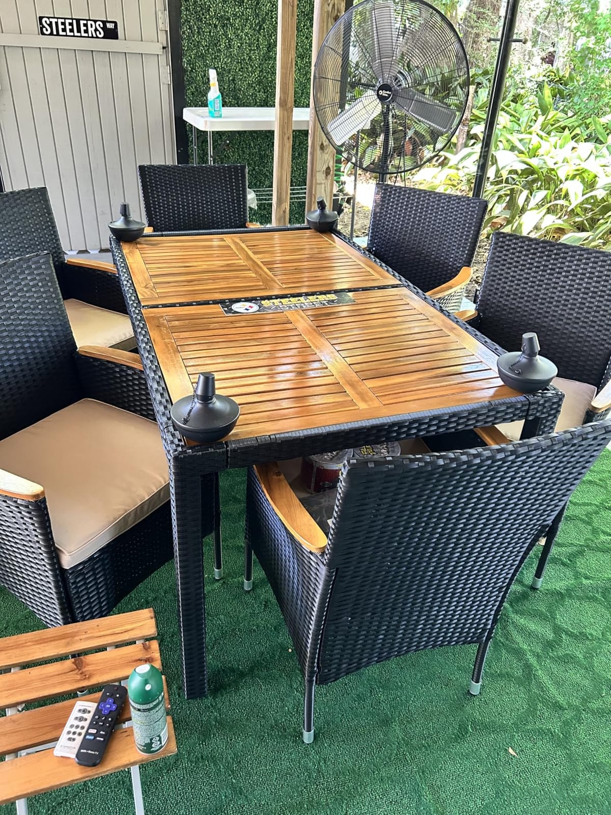 Devoko 7 PCS Acacia Wood Patio Dining Set, Black Rattan customer photo 2