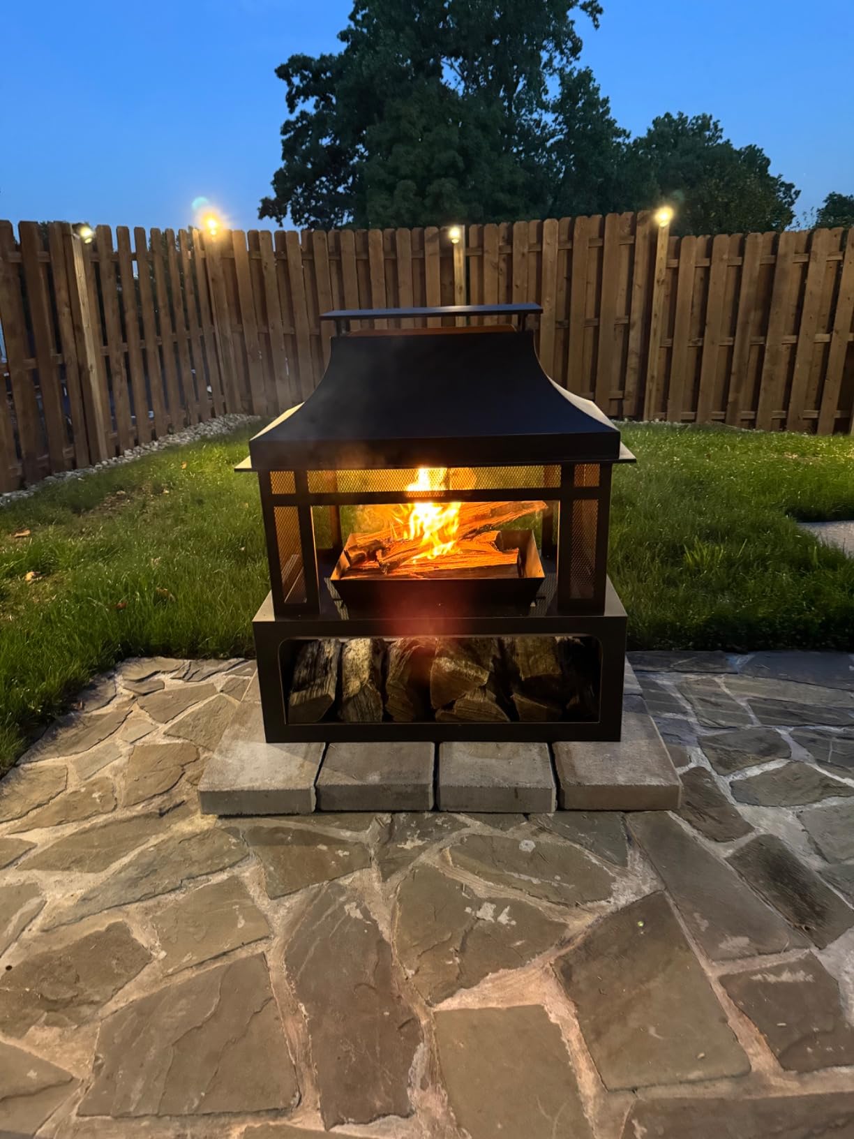 Outdoor Wood Burning Fireplace with Wood Storage and Removable Fire Grill - 40 Inch Large Metal Wicker Base Fire Pit for Patio Garden Deck Backyard, Black customer photo 1