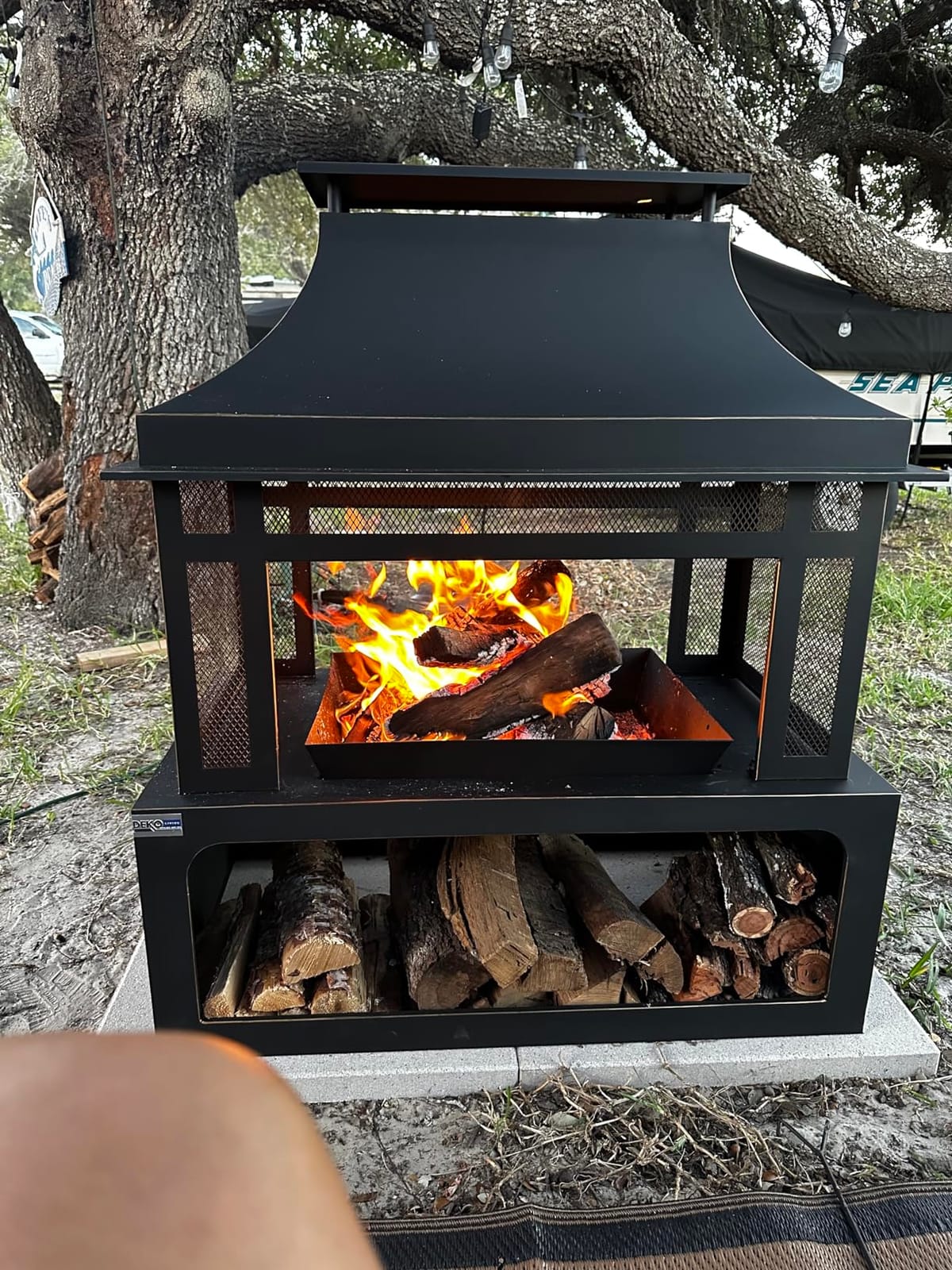 Outdoor Wood Burning Fireplace with Wood Storage and Removable Fire Grill - 40 Inch Large Metal Wicker Base Fire Pit for Patio Garden Deck Backyard, Black customer photo 2