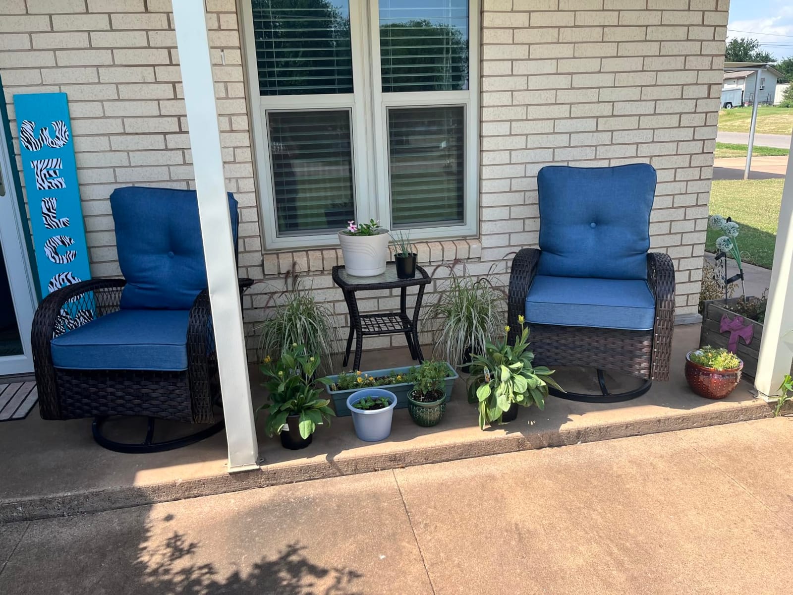 Patio Furniture Set 3 Pieces, Outdoor Swivel Glider Rocker Bistro Set, Blue customer photo 2